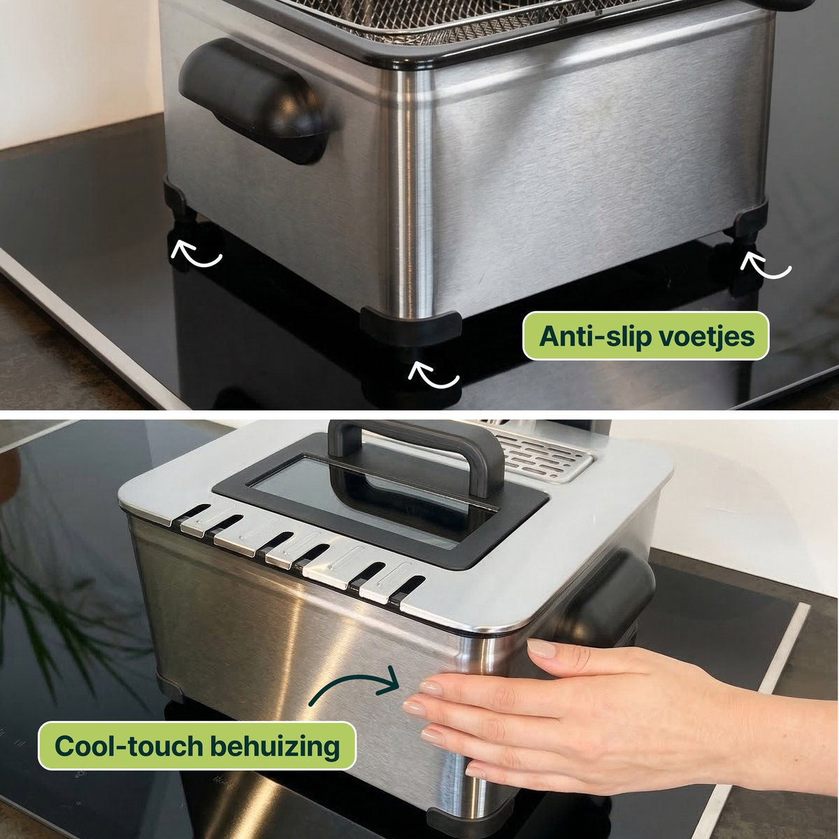 Friteuse en acier inoxydable avec pieds antidérapants et boîtier froid au toucher.