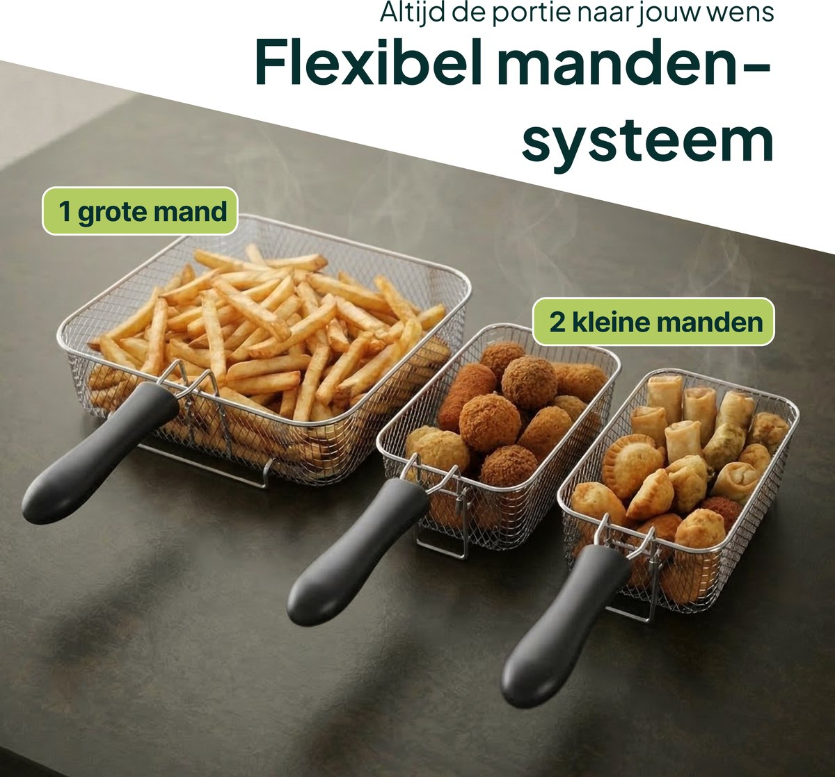 Trois paniers avec des aliments frits : frites, croquettes et nems.