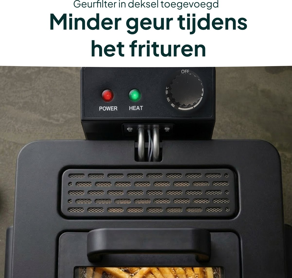 Une friteuse noire avec des commandes et un panier de frites à l'intérieur.