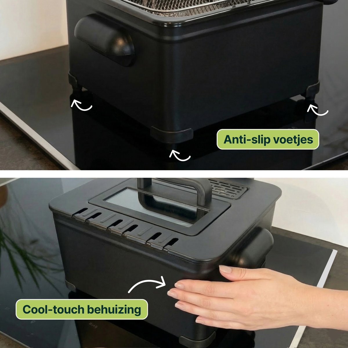A black deep fryer with anti-slip feet and a cool touch housing.