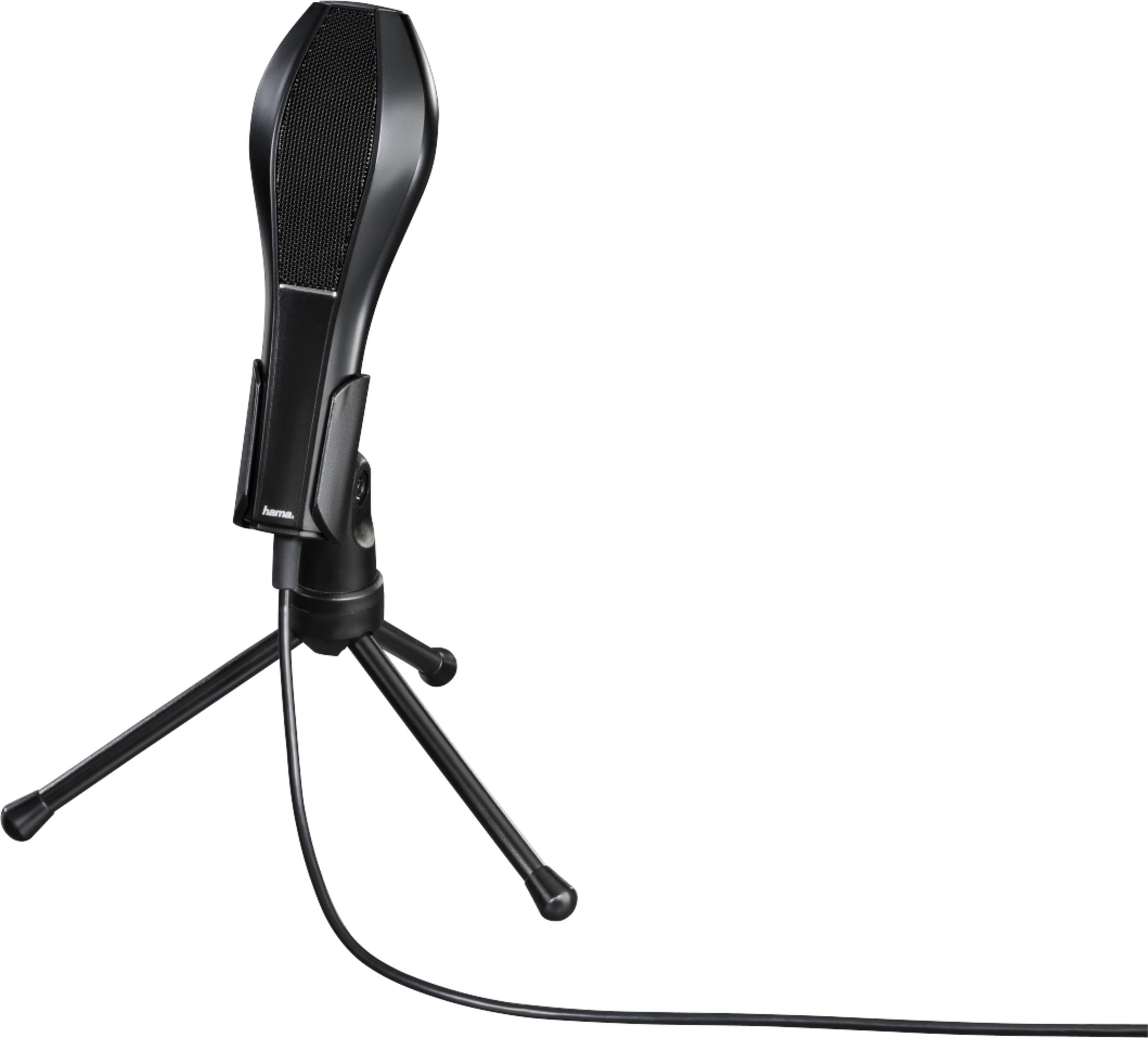 Schwarzes Mikrofon auf einem Stativ mit Kabel.