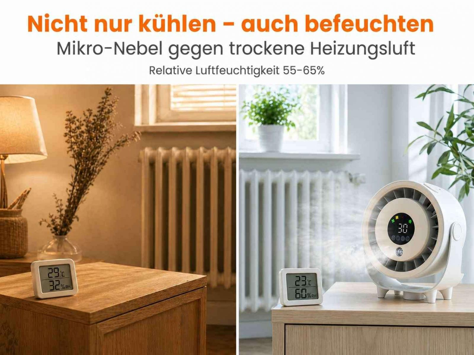 Luftbefeuchter mit Display zeigt 23°C und 60% Luftfeuchtigkeit an.