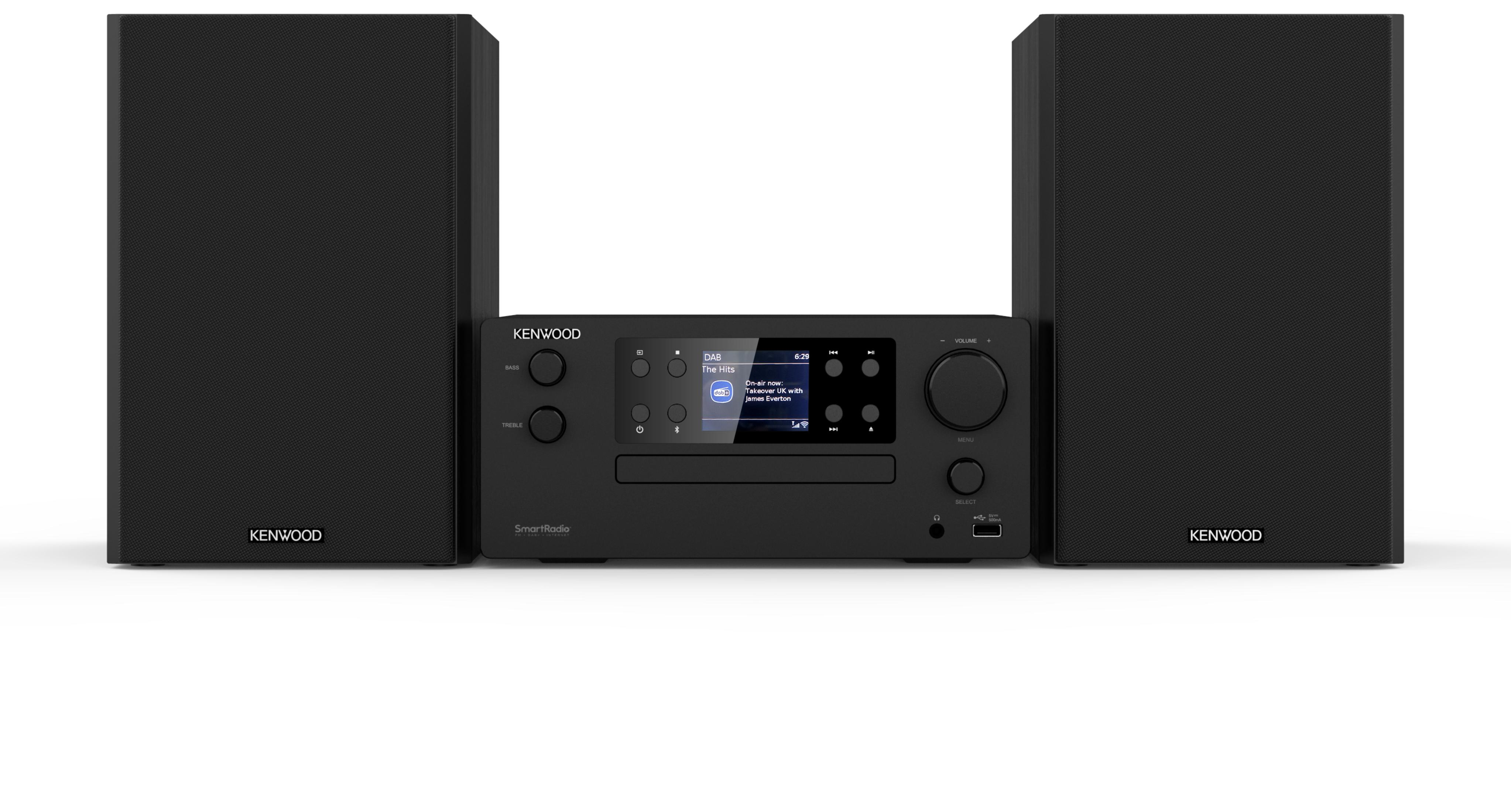 Una radio Kenwood SmartRadio nera con due altoparlanti ai lati.