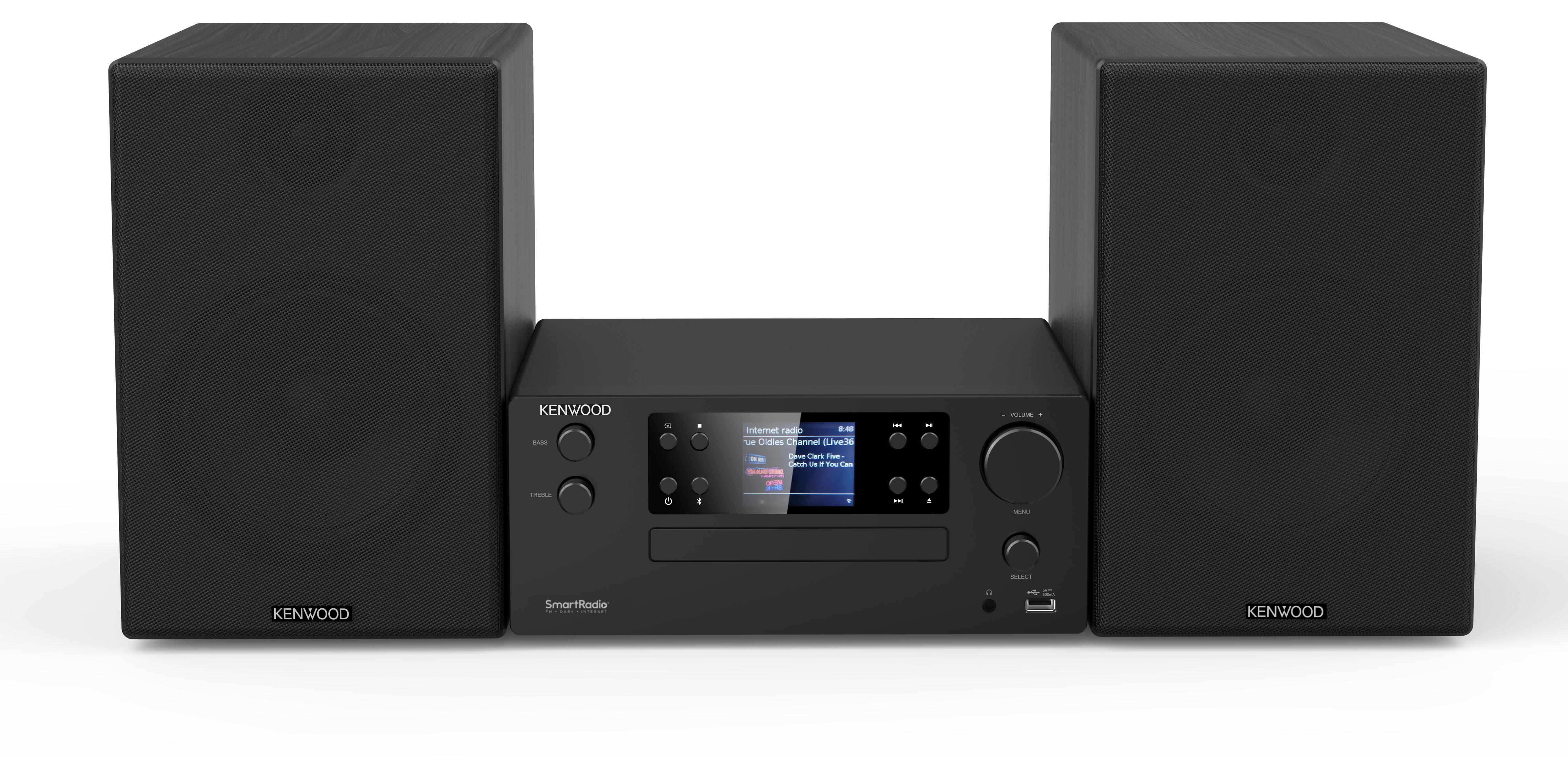 Una radio Kenwood SmartRadio nera con due altoparlanti, riproduce radio internet.