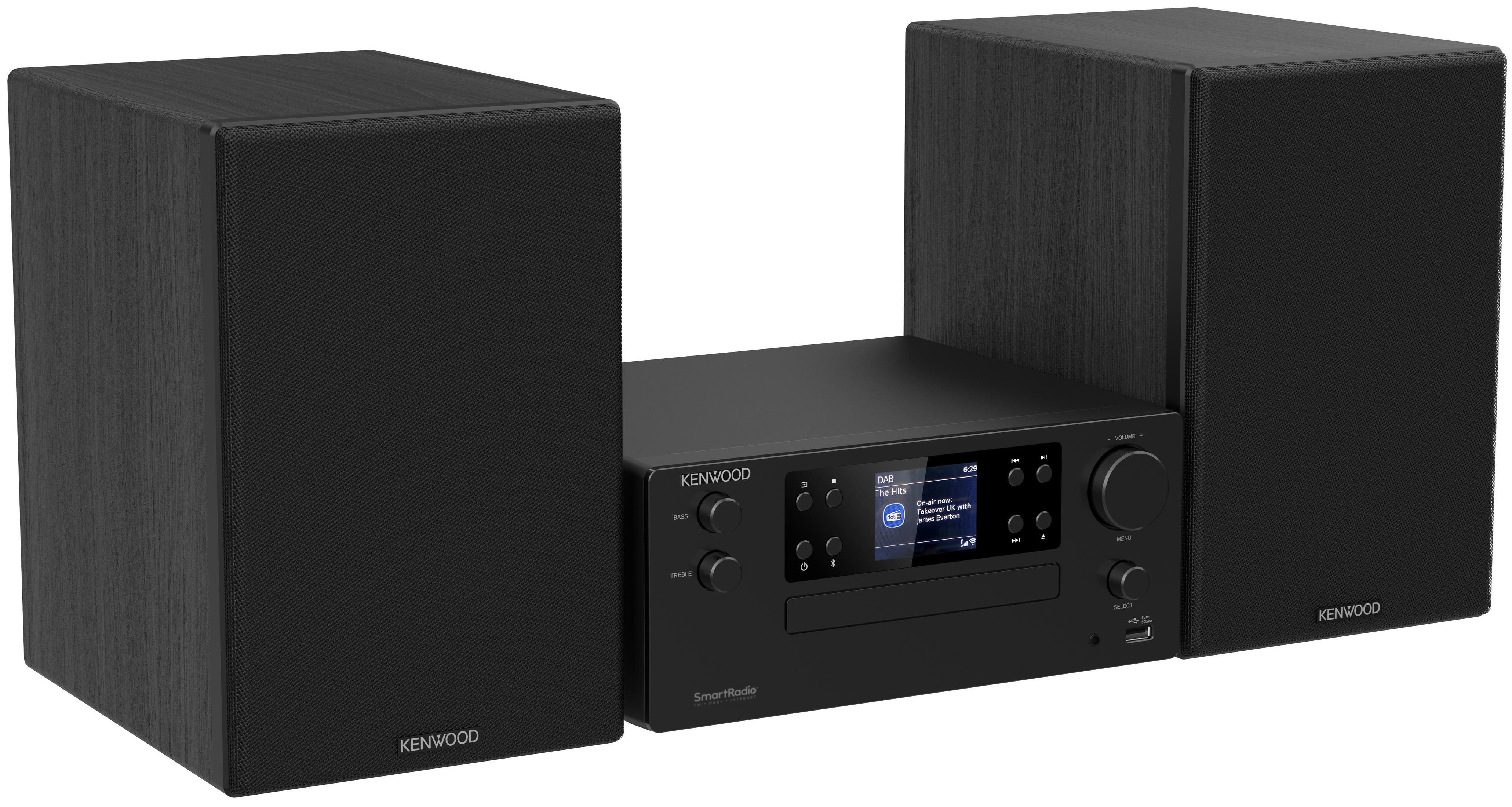 Una radio smart Kenwood nera con due altoparlanti.
