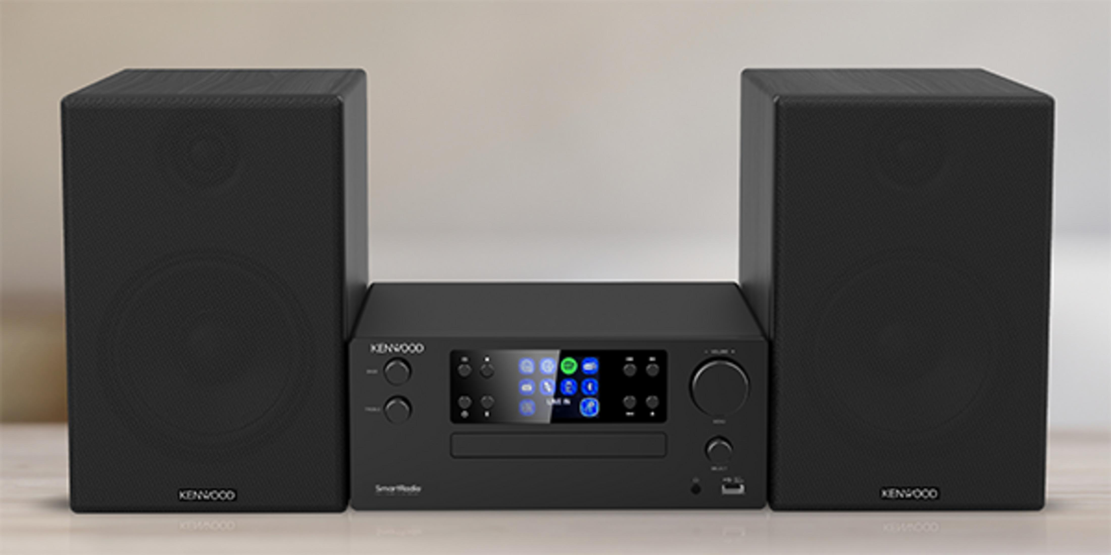 Una radio Kenwood Smart nera con due altoparlanti.