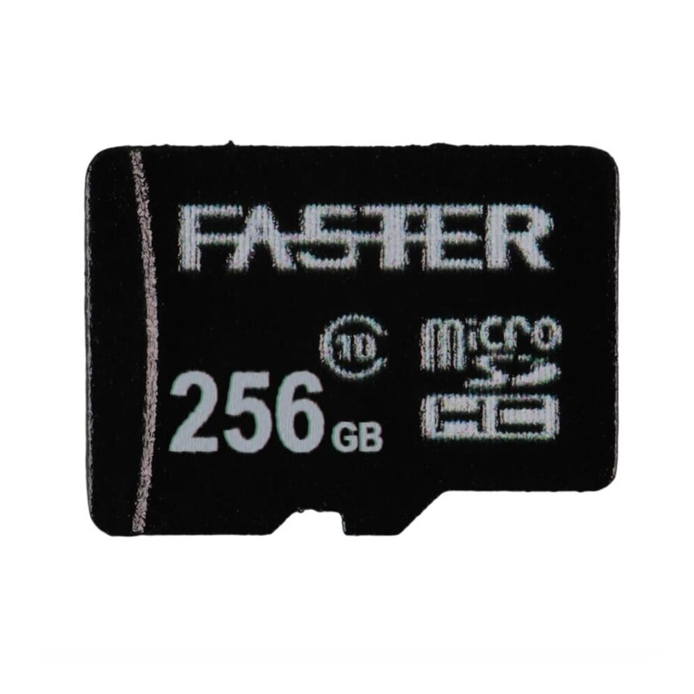 'FASTER 256 GB' ve micro SD logolu siyah microSD kart.