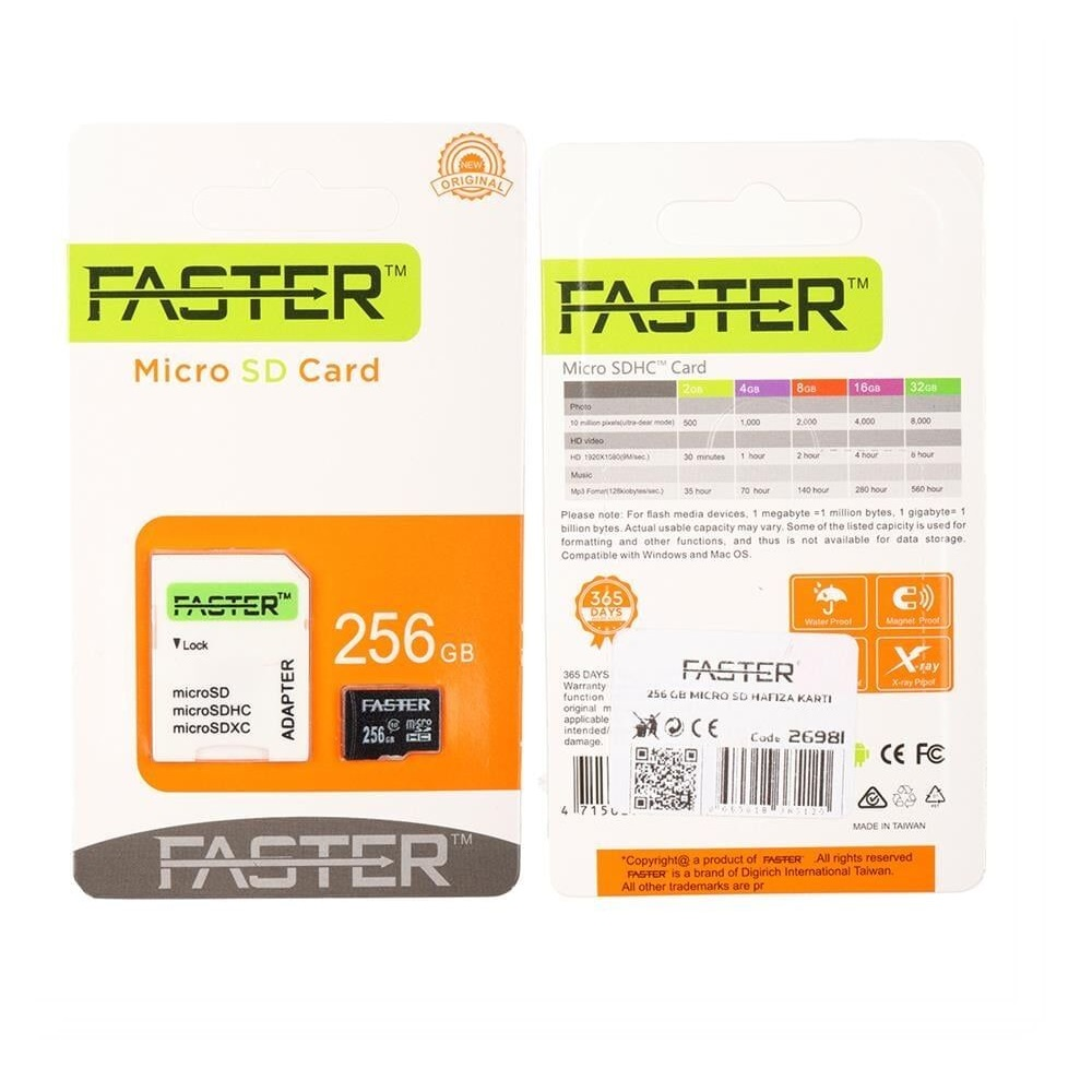 Adaptörlü ve garanti bilgilerli 256 GB Faster Micro SD kart ambalajı.