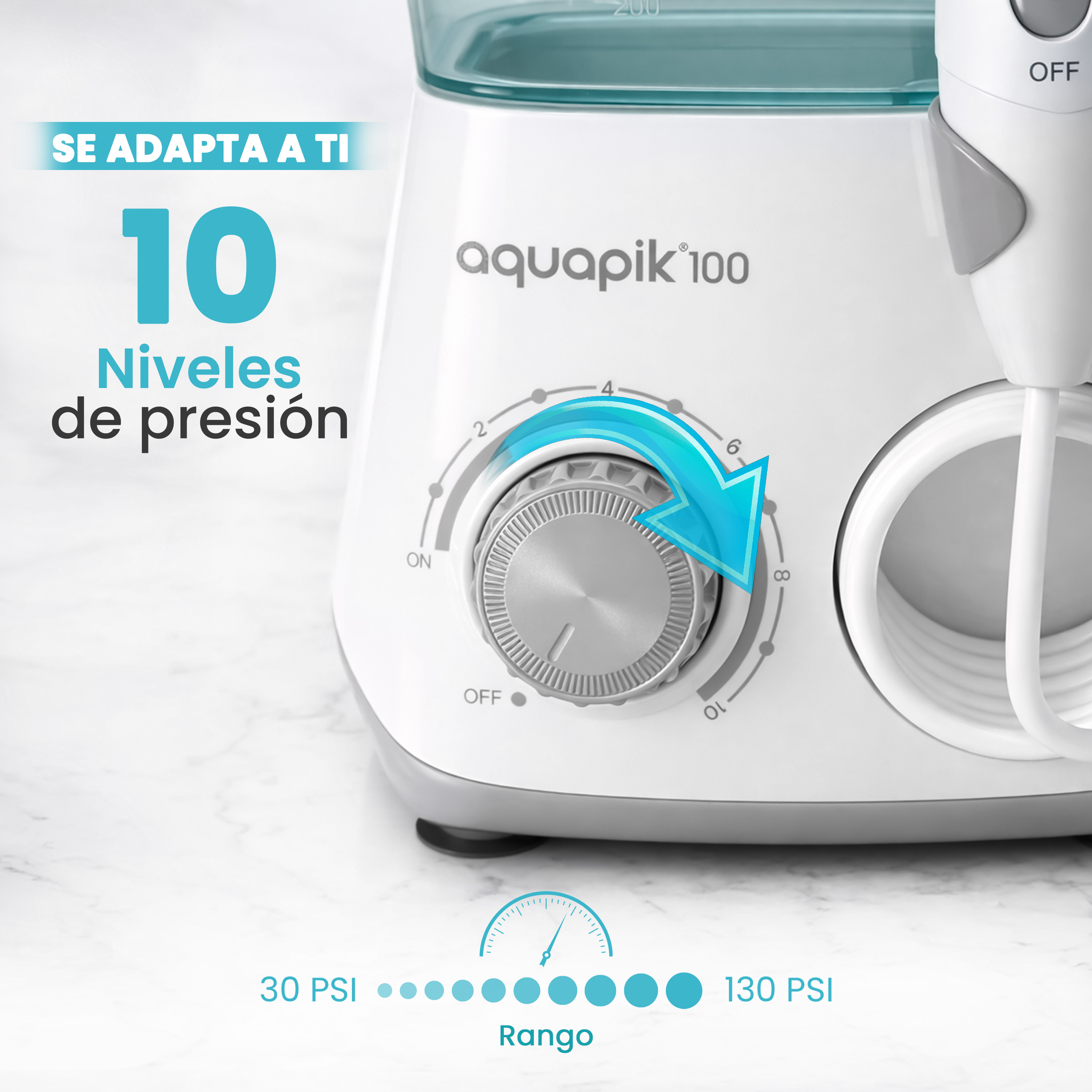 Aquapik 100 con 10 livelli di pressione, 30-130 PSI, su superficie in marmo.