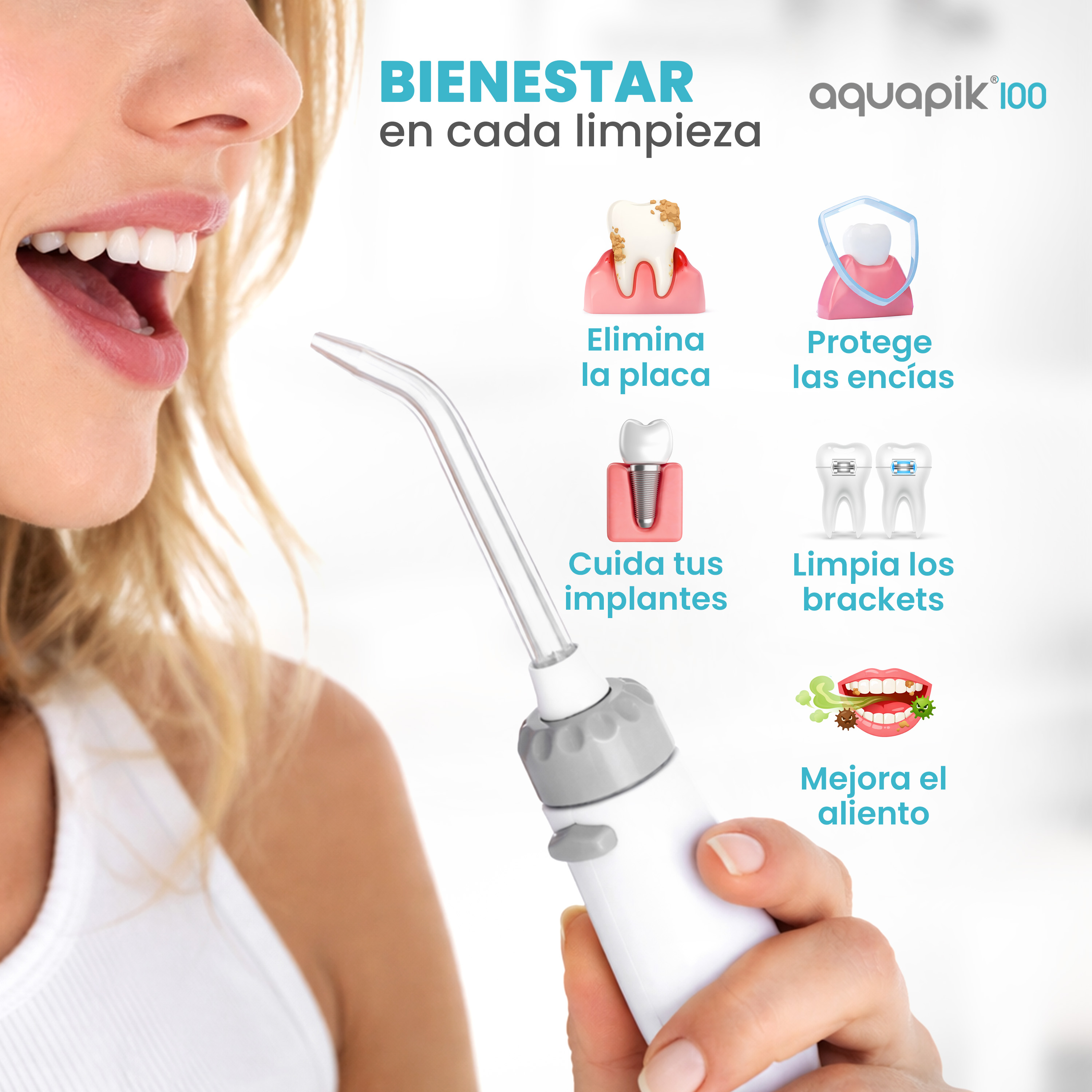 Una donna usa un idropulsore, combattendo placca, gengive e alito cattivo.