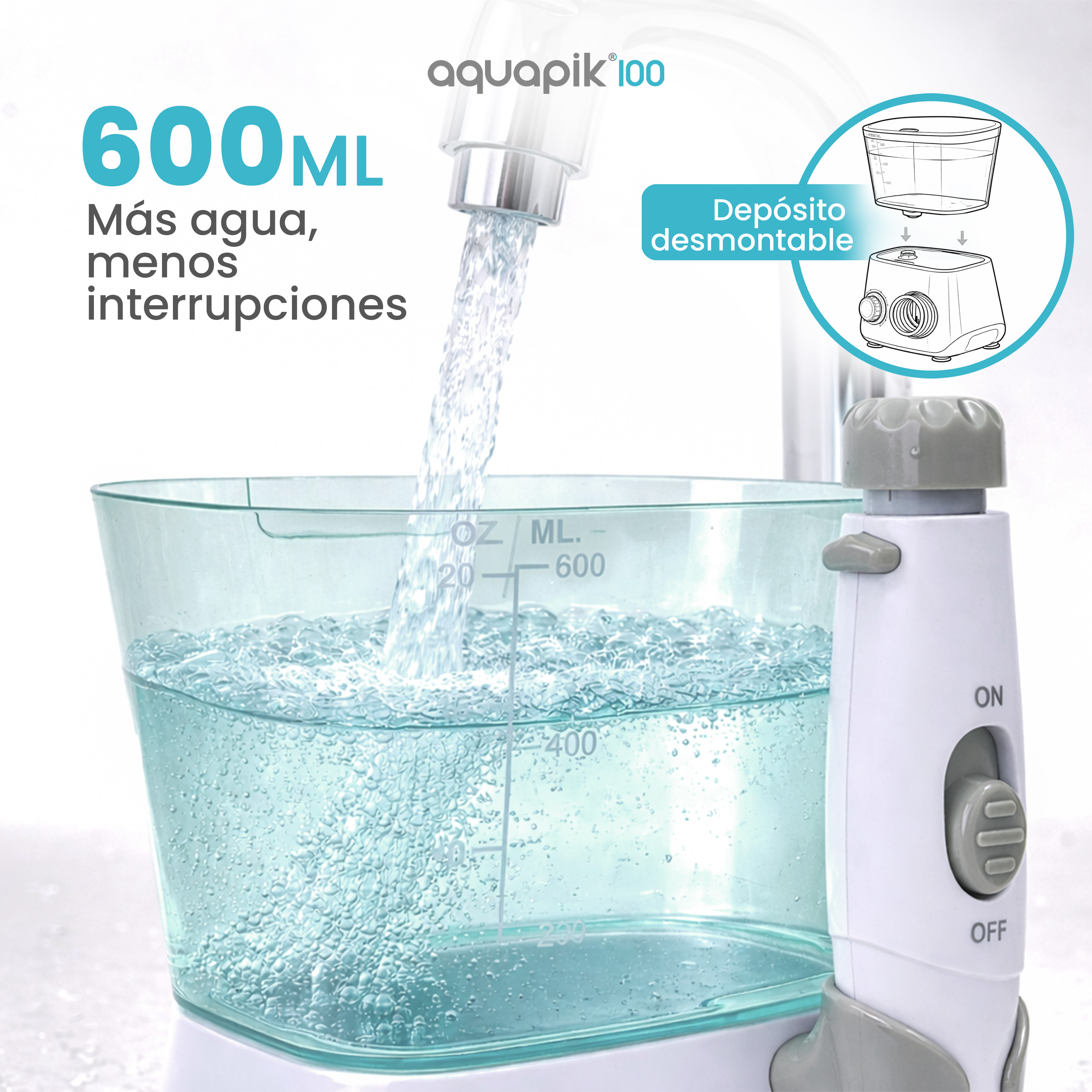 Un idropulsore con serbatoio da 600 ml che si sta riempiendo.