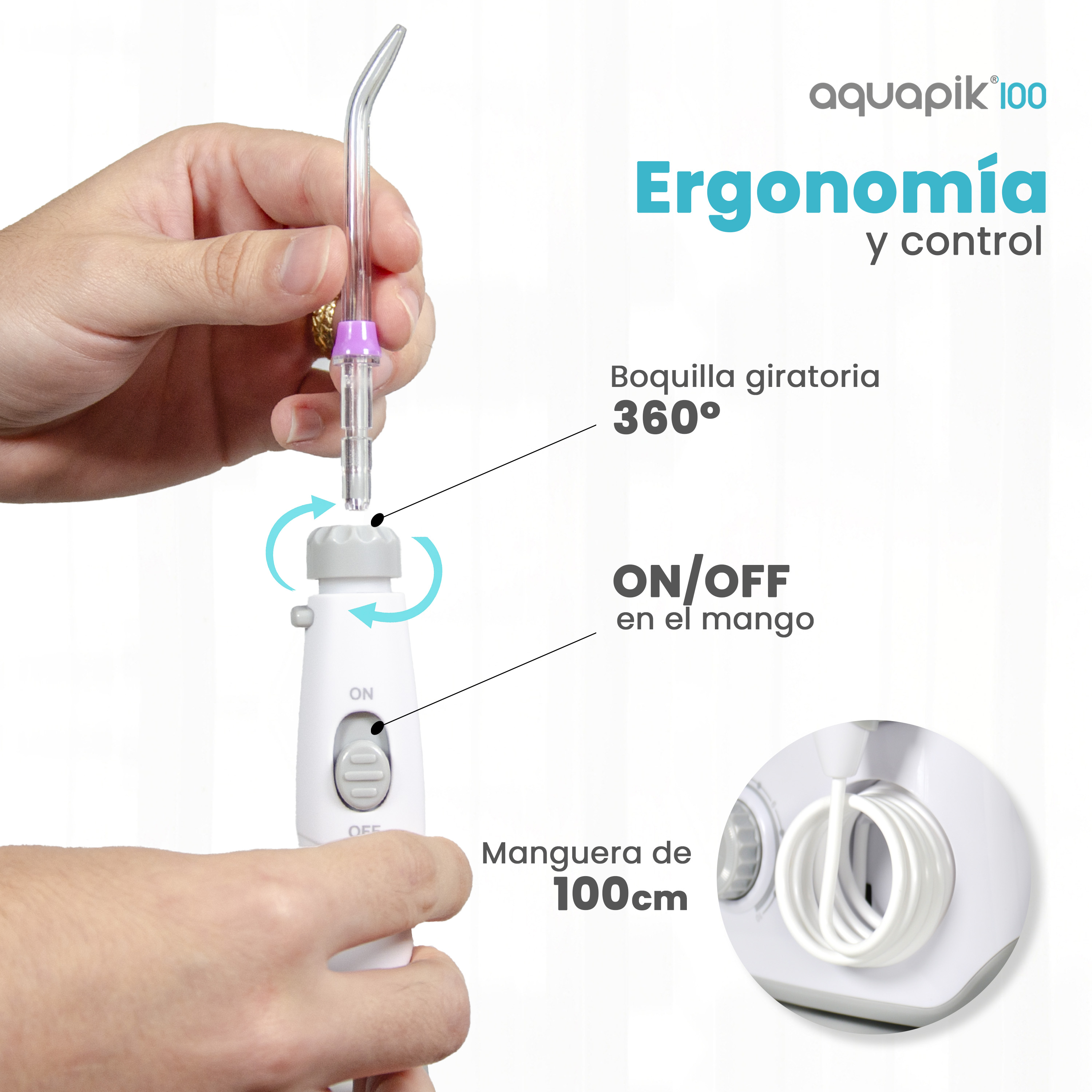Una mano tiene un irrigatore orale bianco con ugello rotante a 360°. Interruttore ON/OFF.