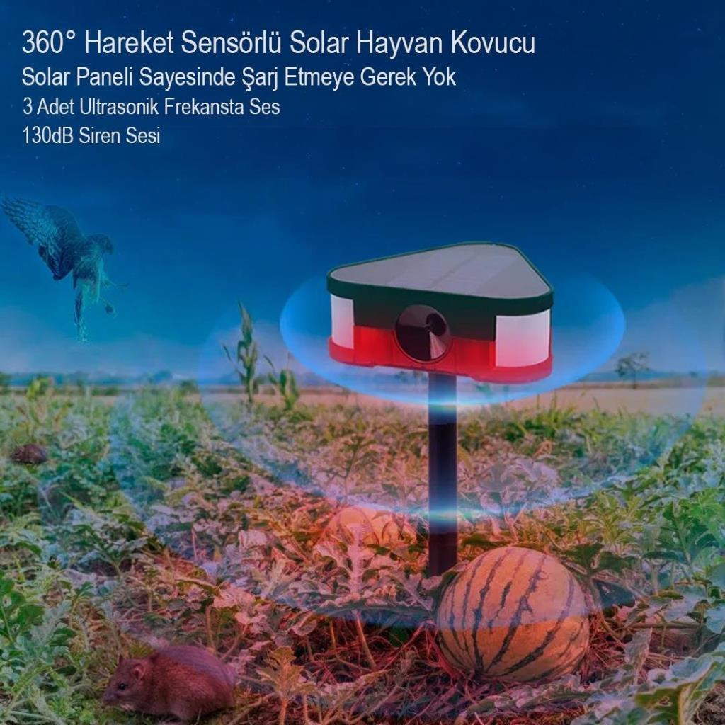 360° hareket sensörlü solar hayvan kovucu, güneş panelli, ultrasonik, sirenli.