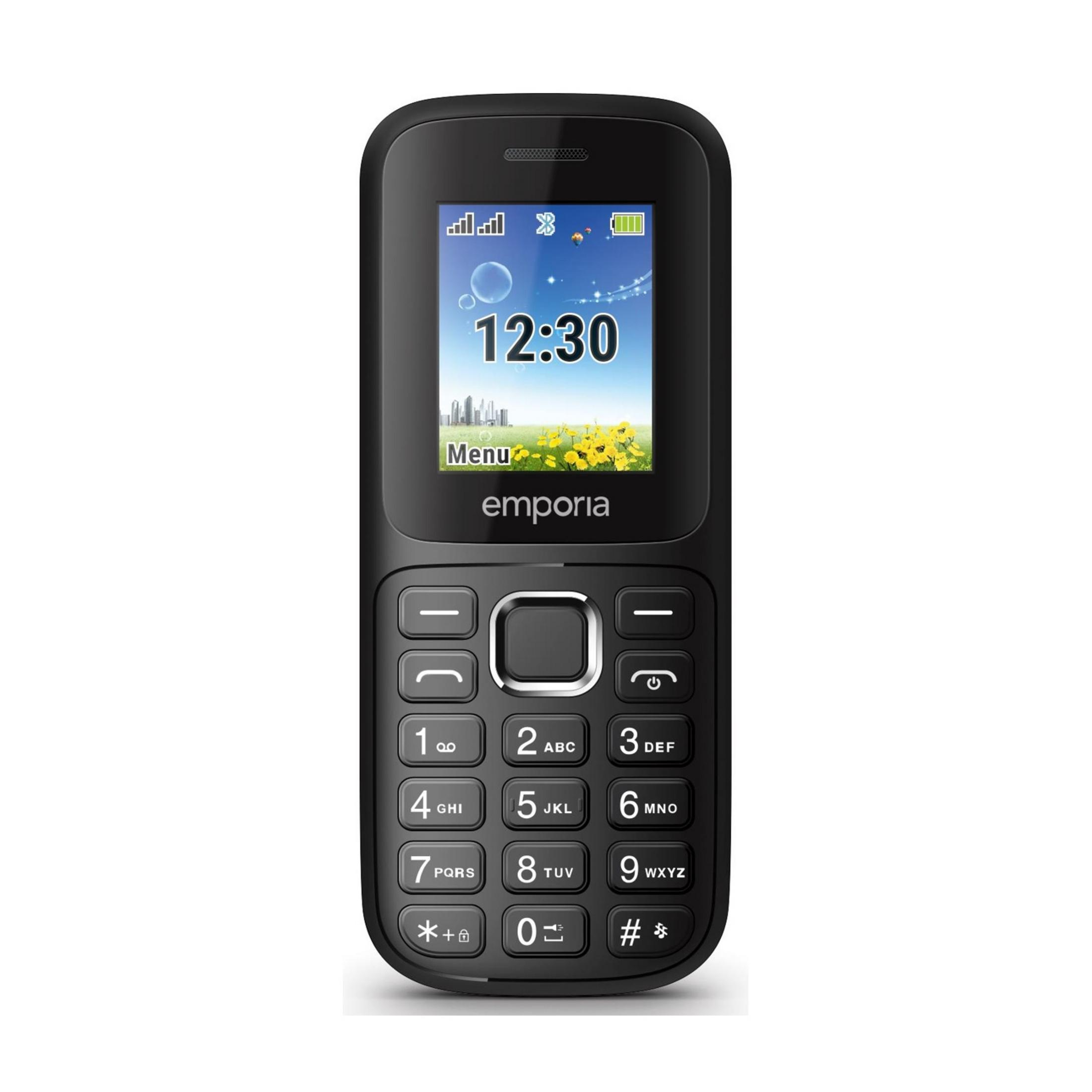 Ein schwarzes Emporia-Handy zeigt 12:30, mit Stadtlandschaft und gelben Blumen auf dem Bildschirm.