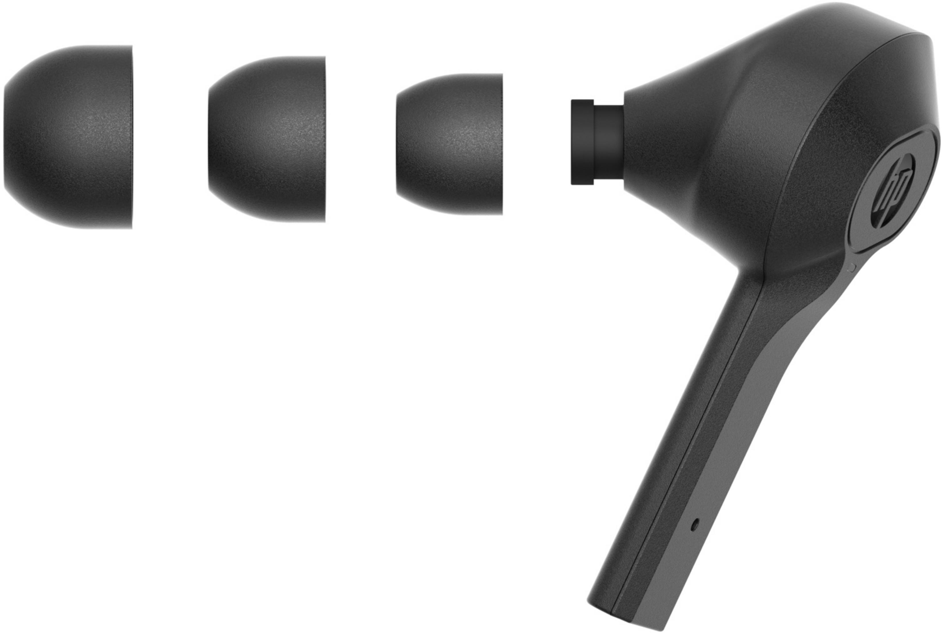 Auricolari neri e un auricolare nero con logo HP su sfondo bianco.