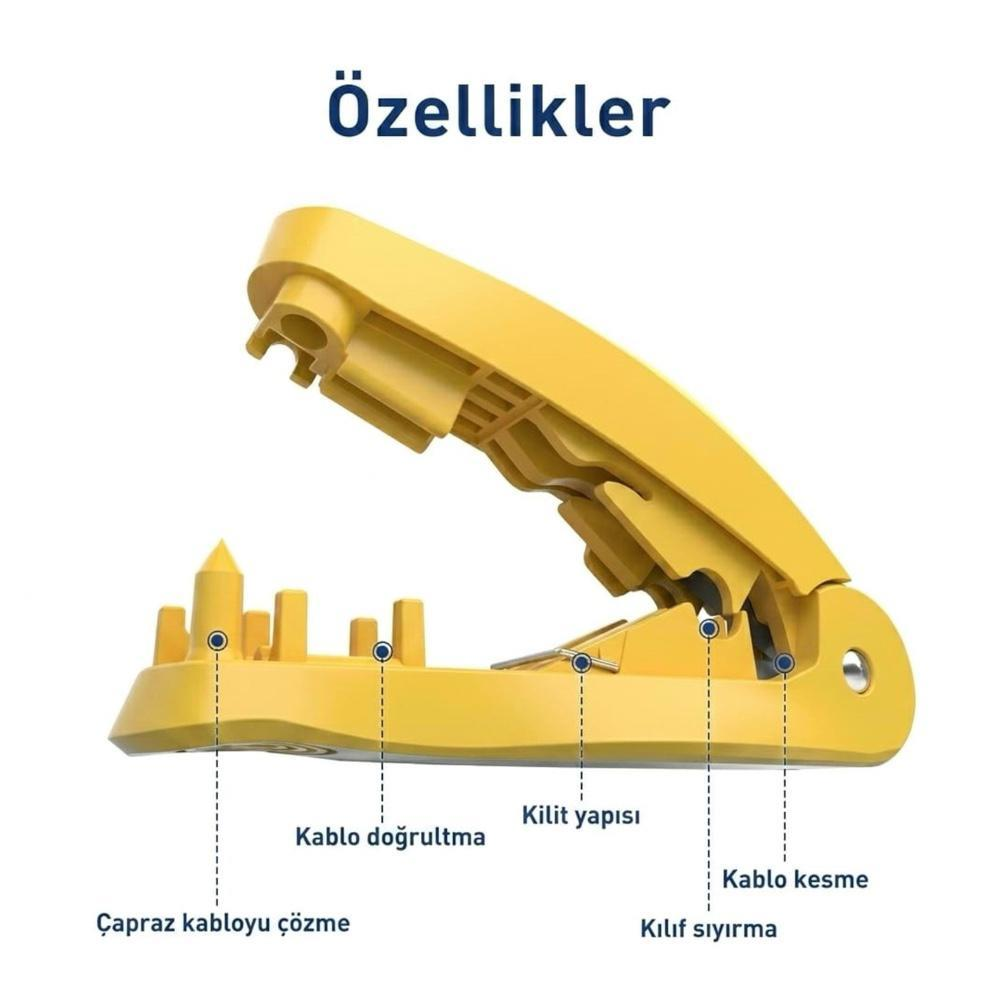 Kablo soyma, düzeltme ve kesme işaretli sarı alet.