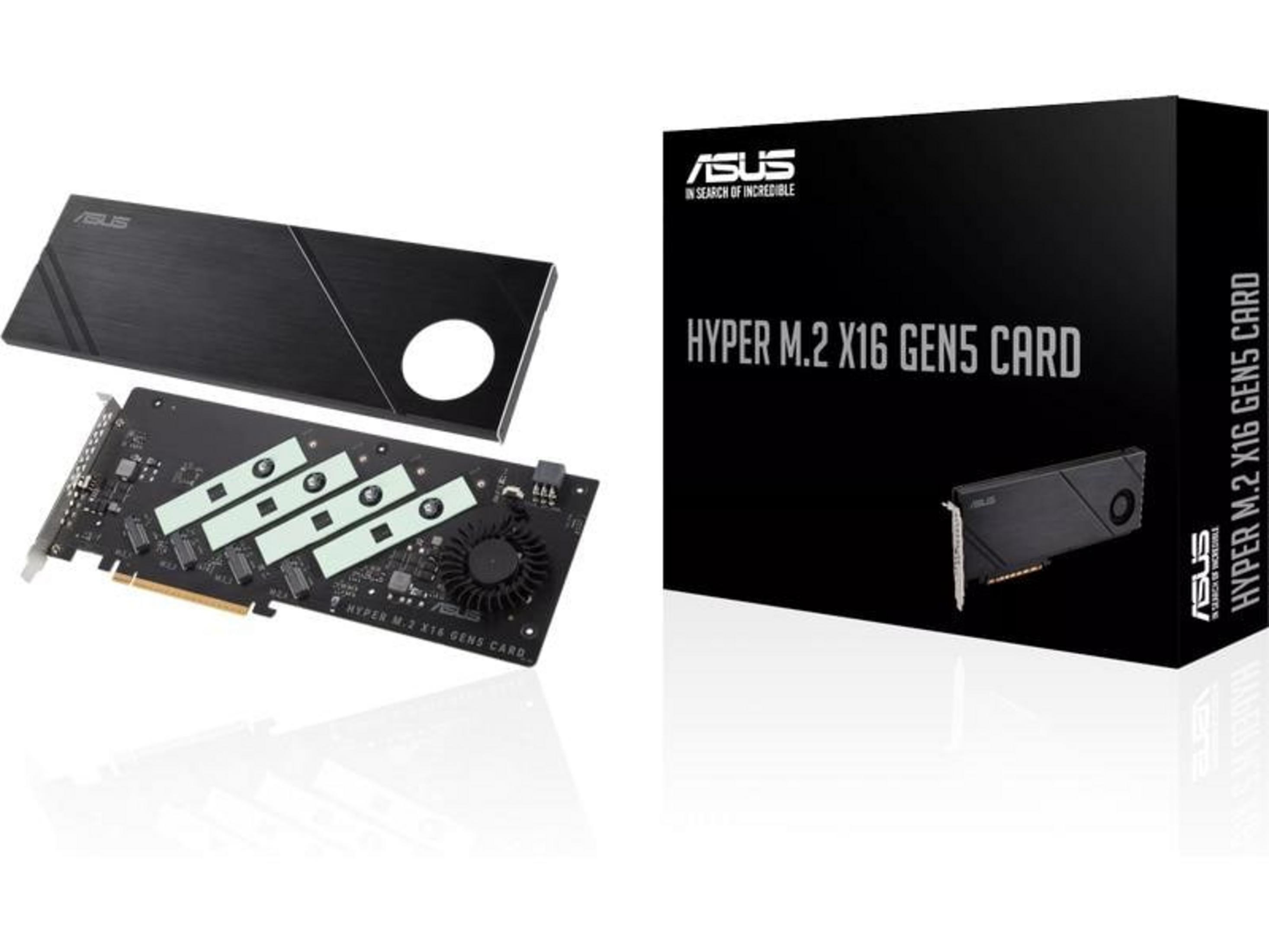 Scheda ASUS Hyper M.2 X16 Gen5 con dissipatore e confezione.
