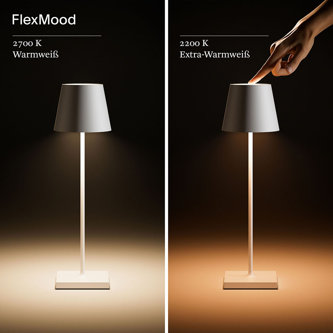 Zwei Bilder einer Lampe: links weißes Licht (2700K), rechts wärmeres Licht (2200K).