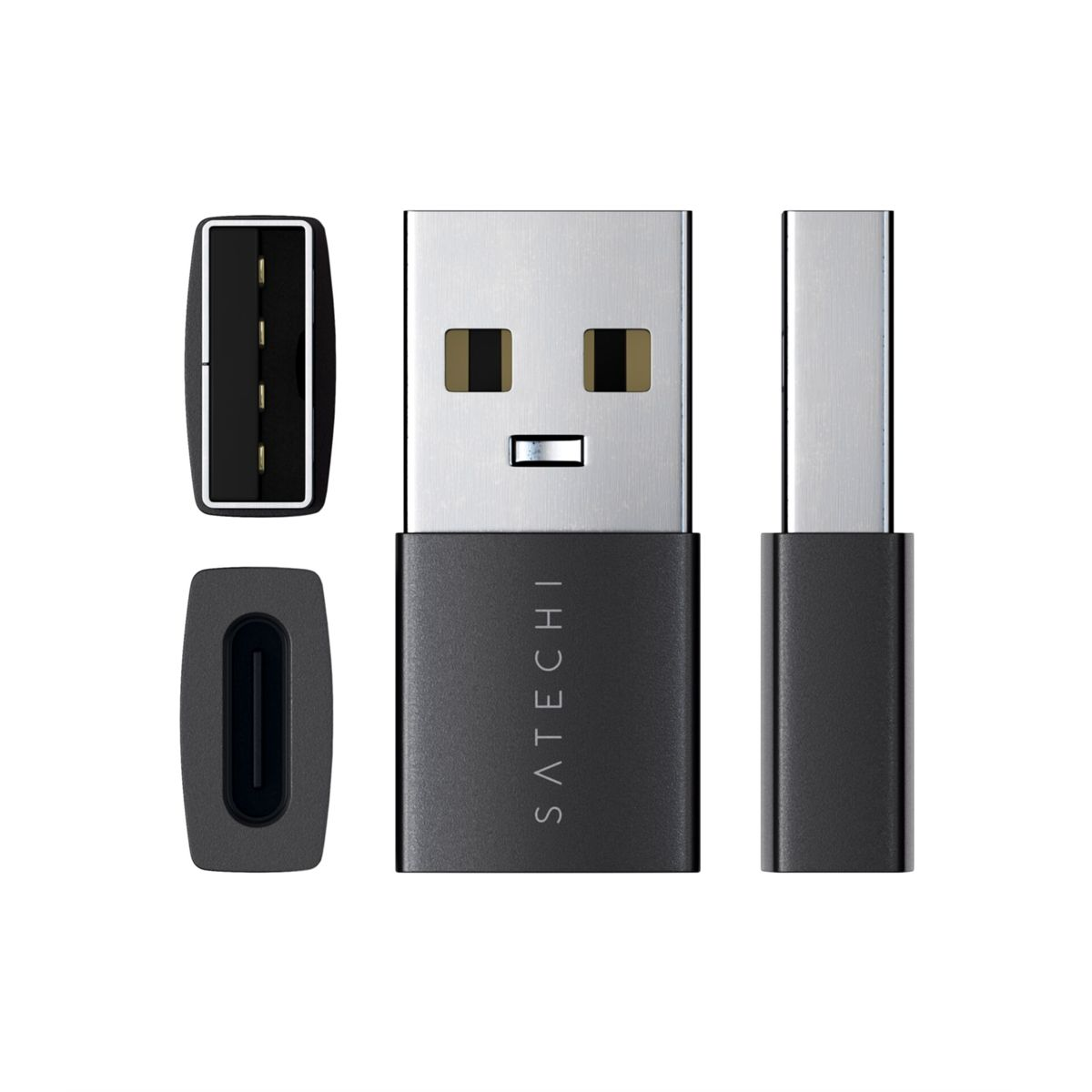 Un adattatore USB-C con una porta USB-A e una porta USB-C.