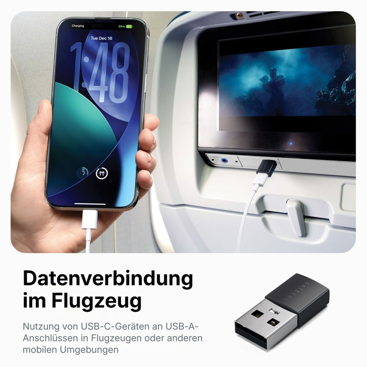 Un iPhone si carica in aereo, collegato al sistema di intrattenimento del sedile.