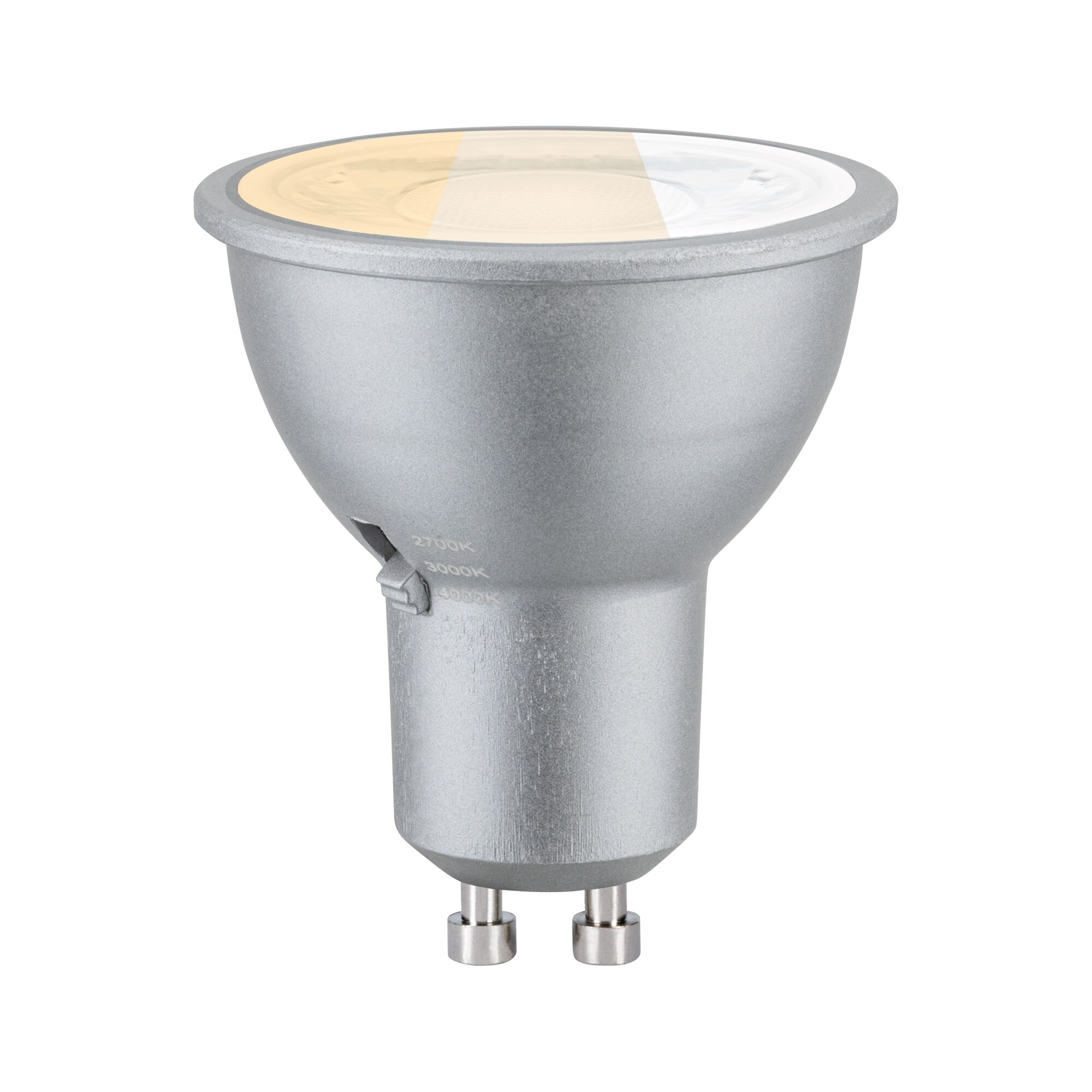 Eine silberne LED-Glühbirne mit einstellbarer Farbtemperatur.