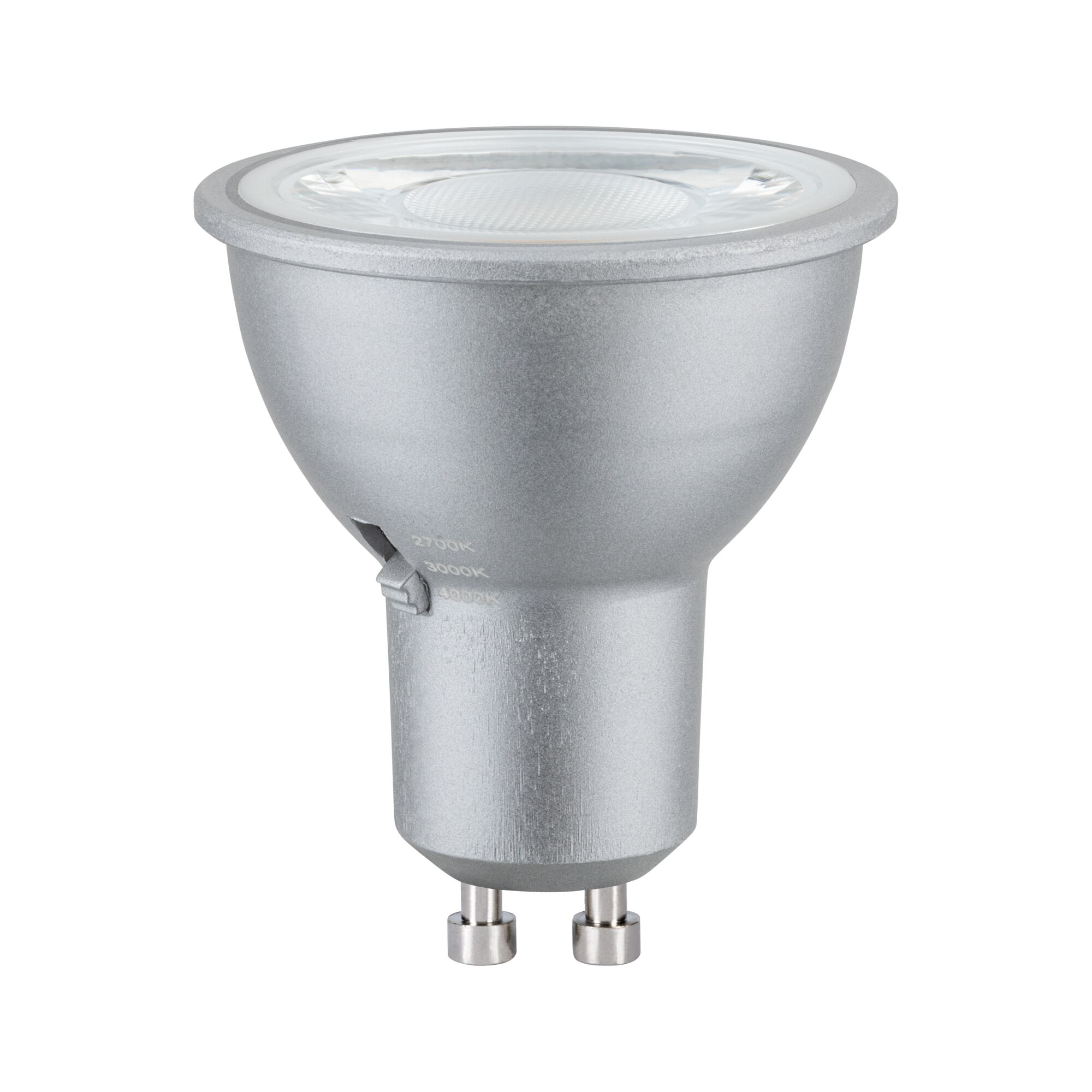 Silberne LED-Lampe mit GU10-Sockel und verstellbaren Farbtemperatureinstellungen.