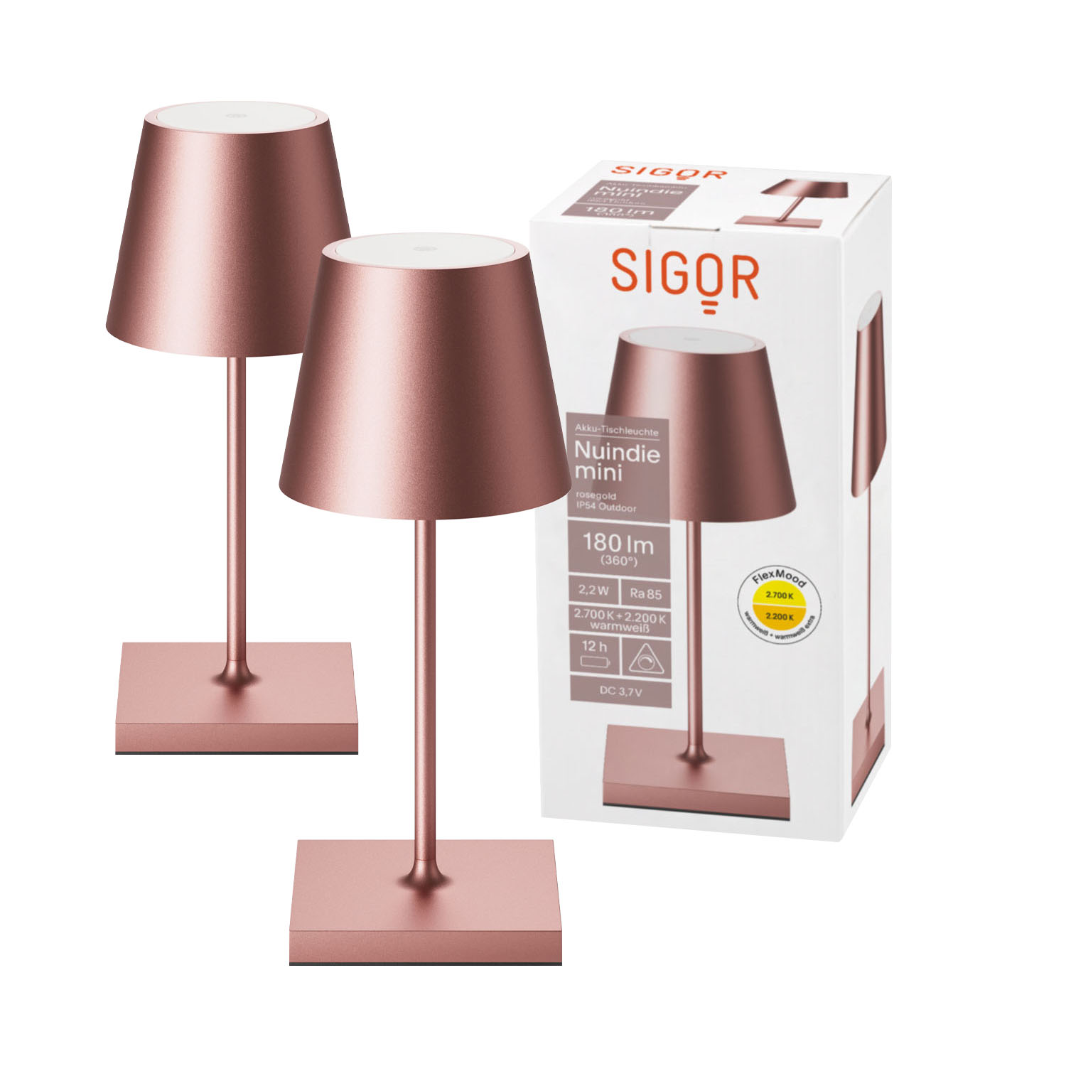 Zwei rosenholzfarbene Tischlampen und ihre Verpackung. Modernes Design.