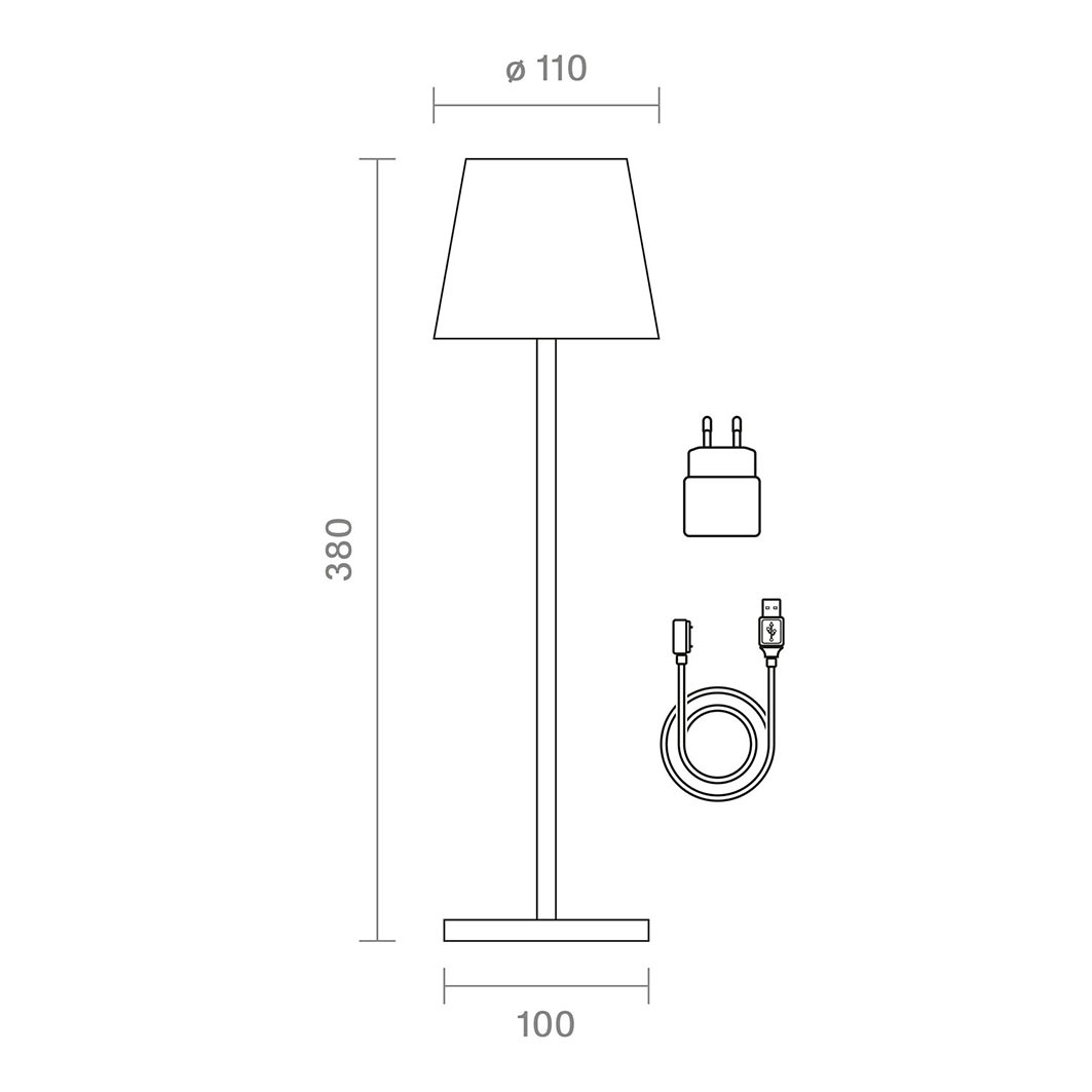 Technische Zeichnung einer Lampe mit Maßen: Höhe 380, Schirmdurchmesser 110, Basis 100.