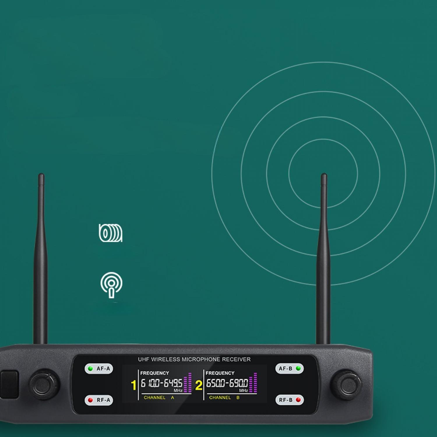 Ein schwarzer UHF-Funkmikrofone-Empfänger mit zwei Antennen und LCD-Bildschirmen.