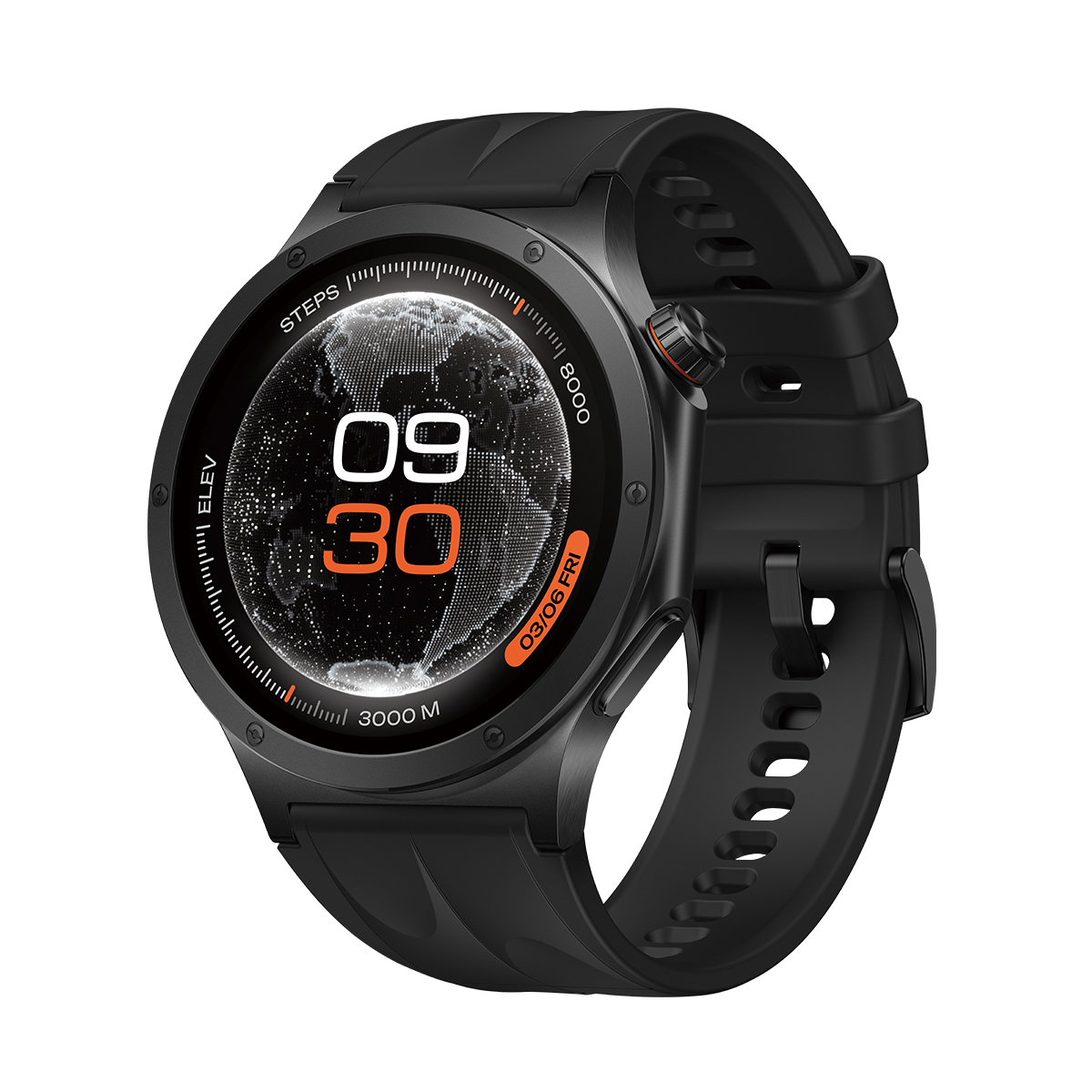 Un reloj inteligente negro con pantalla de globo terráqueo, hora y fecha.