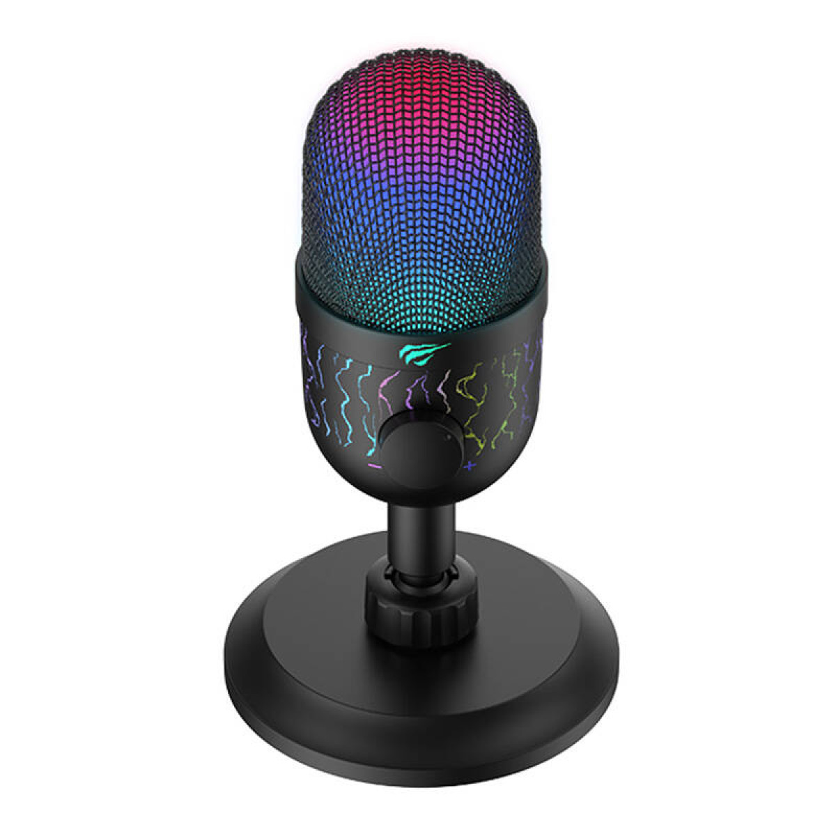 Un microfono da tavolo nero con griglia luminosa RGB colorata e motivi decorativi.