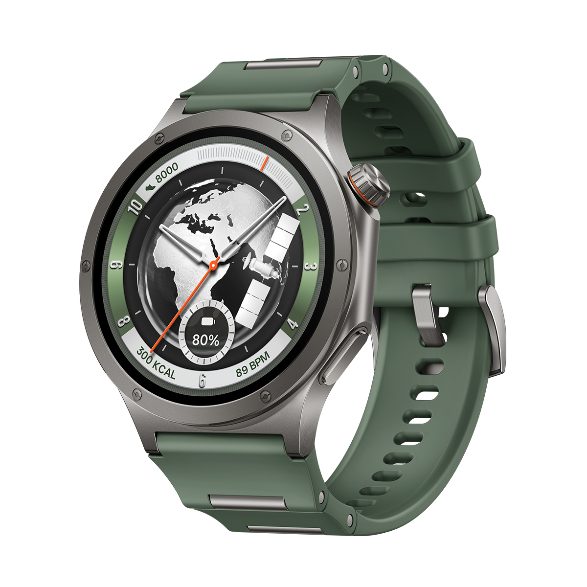 Smartwatch grigio con cinturino verde, display mappa mondo, 80% batteria.