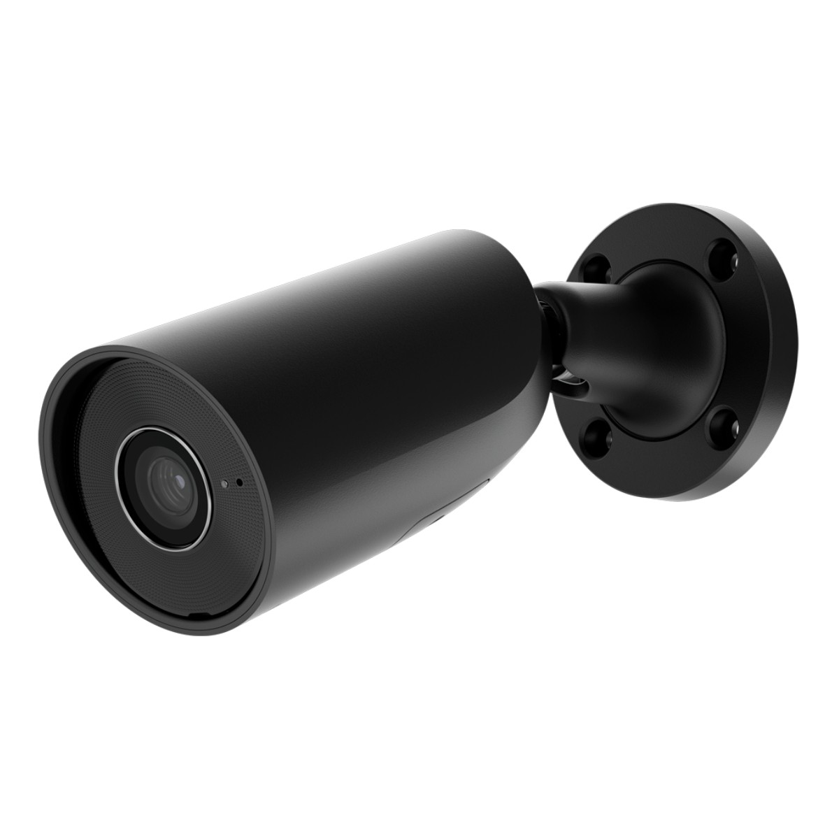 Una telecamera di sicurezza nera con supporto rotondo è mostrata su sfondo bianco.