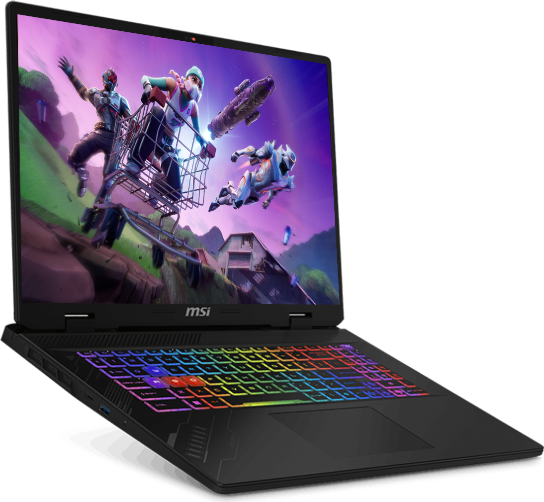 MSI dizüstü bilgisayar, karakterler ve alışveriş sepeti içeren Fortnite'ı gösteriyor. RGB klavye.