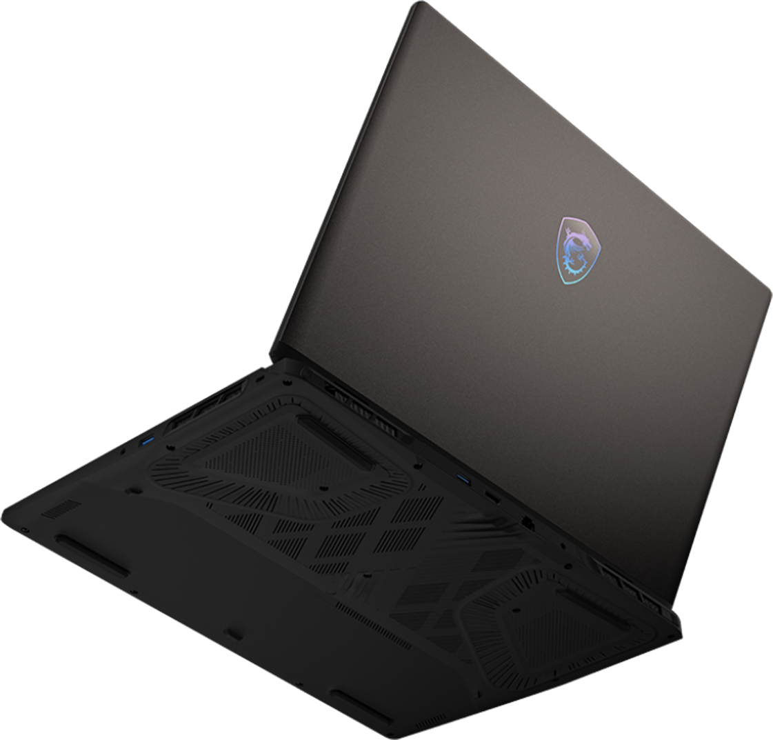 Alttan görünen siyah dizüstü bilgisayar, açık kapaklı, MSI logosu mevcut.