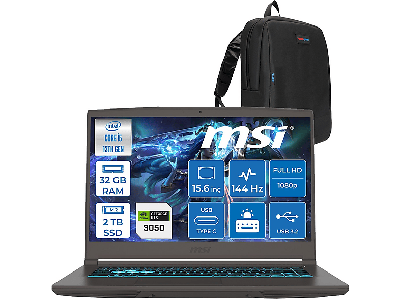 MSI Thin 15 I5 13420H DDR4 4GB RTX3050 45W FHD 144Hz IPS 2868XTRF11 Intel Core i5-13420H 32 GB RAM 2 TB SSD 15,6 inç FreeDOS Laptop+Çanta Gri