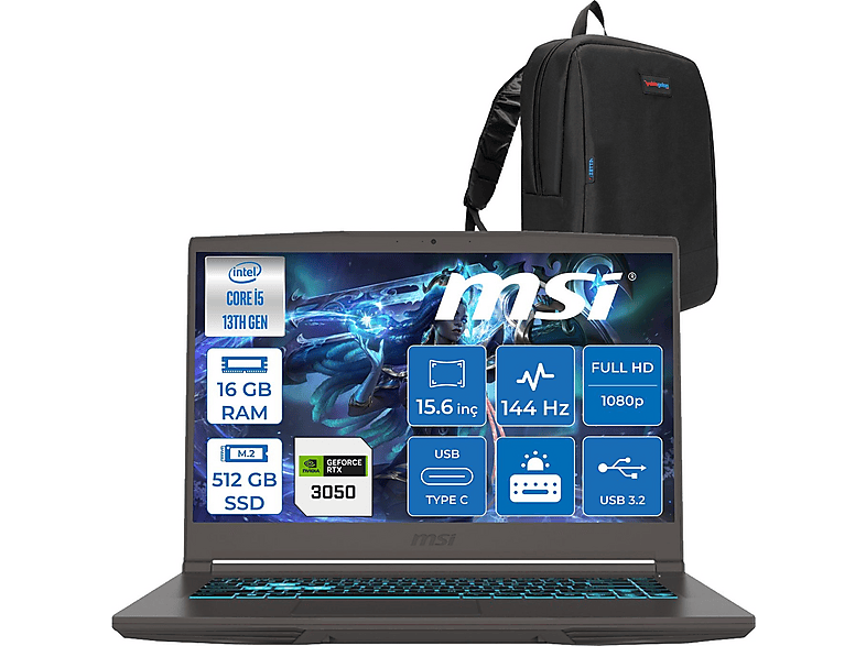 MSI Thin 15 I5 13420H DDR4 4GB RTX3050 FHD 144Hz IPS 2868XTRF01 Intel Core i5-13420H 16 GB RAM 512 GB SSD 15,6 inç FreeDOS Laptop+Çanta Gri