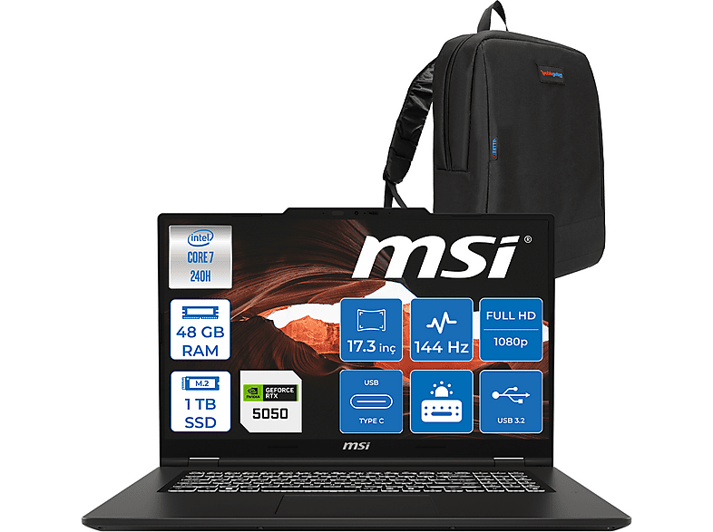 MSI Venturepro 17 AI DDR5 8GB RTX5050 45W FHD 144Hz IPS Z027XTRF13 Intel Core 5 240H 48 GB RAM 1 TB SSD 17,3 inç FreeDOS Laptop+Çanta Siyah