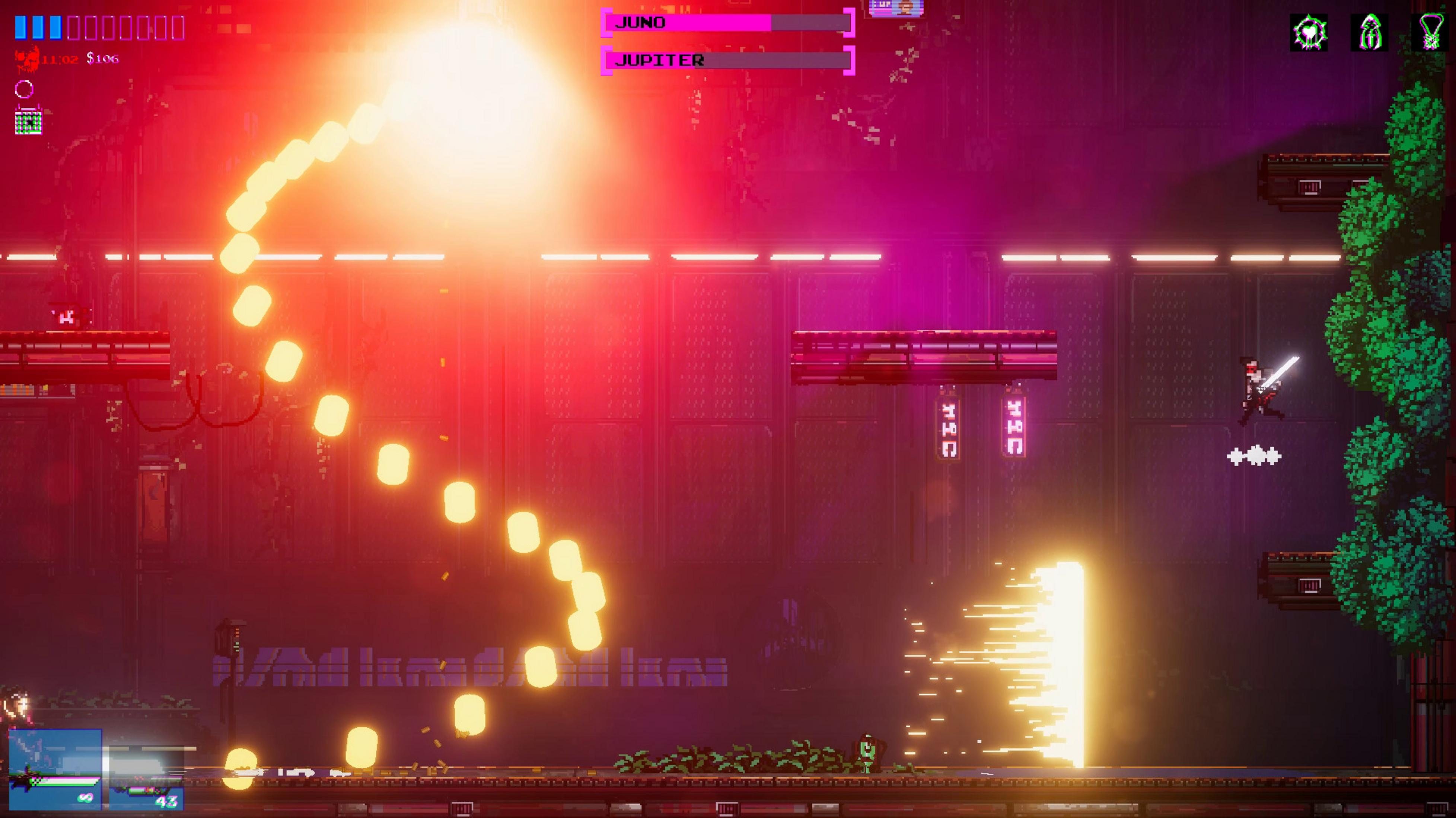 Un personaggio pixelato con spada salta in uno sfondo cyberpunk illuminato al neon.