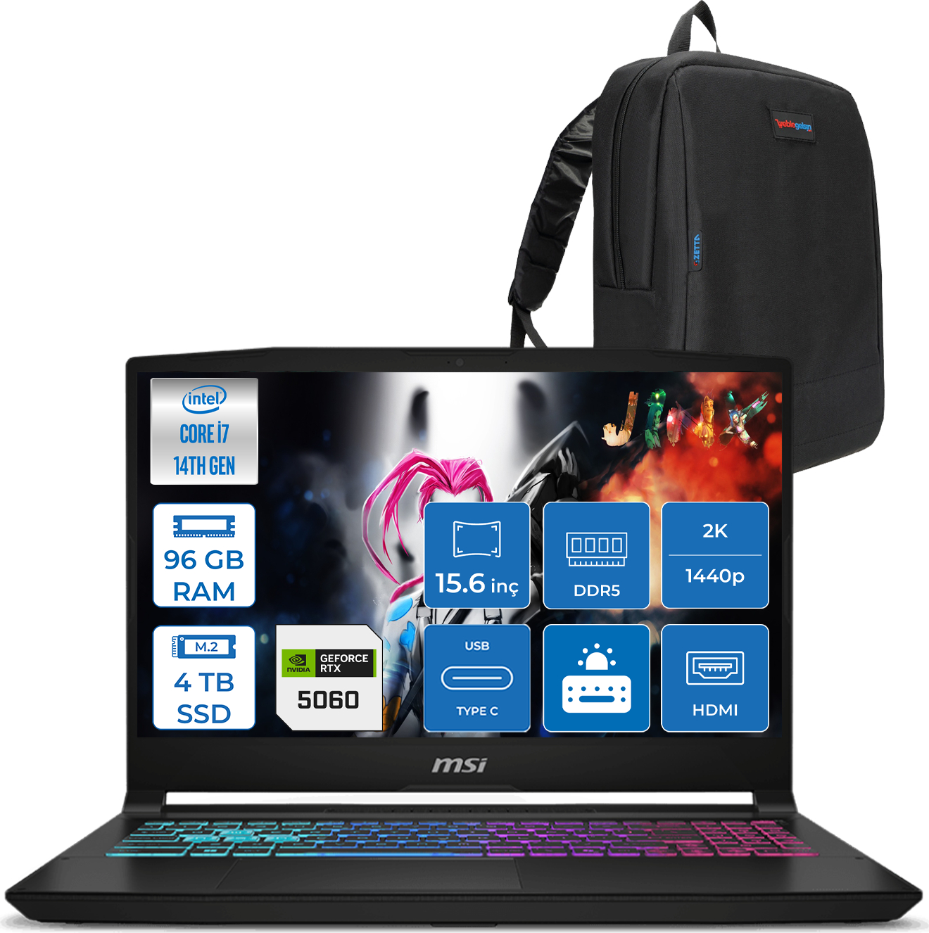 Siyah sırt çantası ve dizüstü bilgisayar: Intel Core i7, 96 GB RAM, 4 TB SSD, RTX 5060.