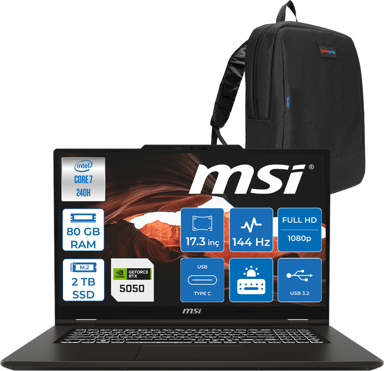 MSI Venturepro 17 AI DDR5 8GB RTX5050 45W FHD 144Hz IPS Z027XTRF24 Intel Core 5 240H 80 GB RAM 2 TB SSD 17,3 inç FreeDOS Laptop+Çanta Siyah