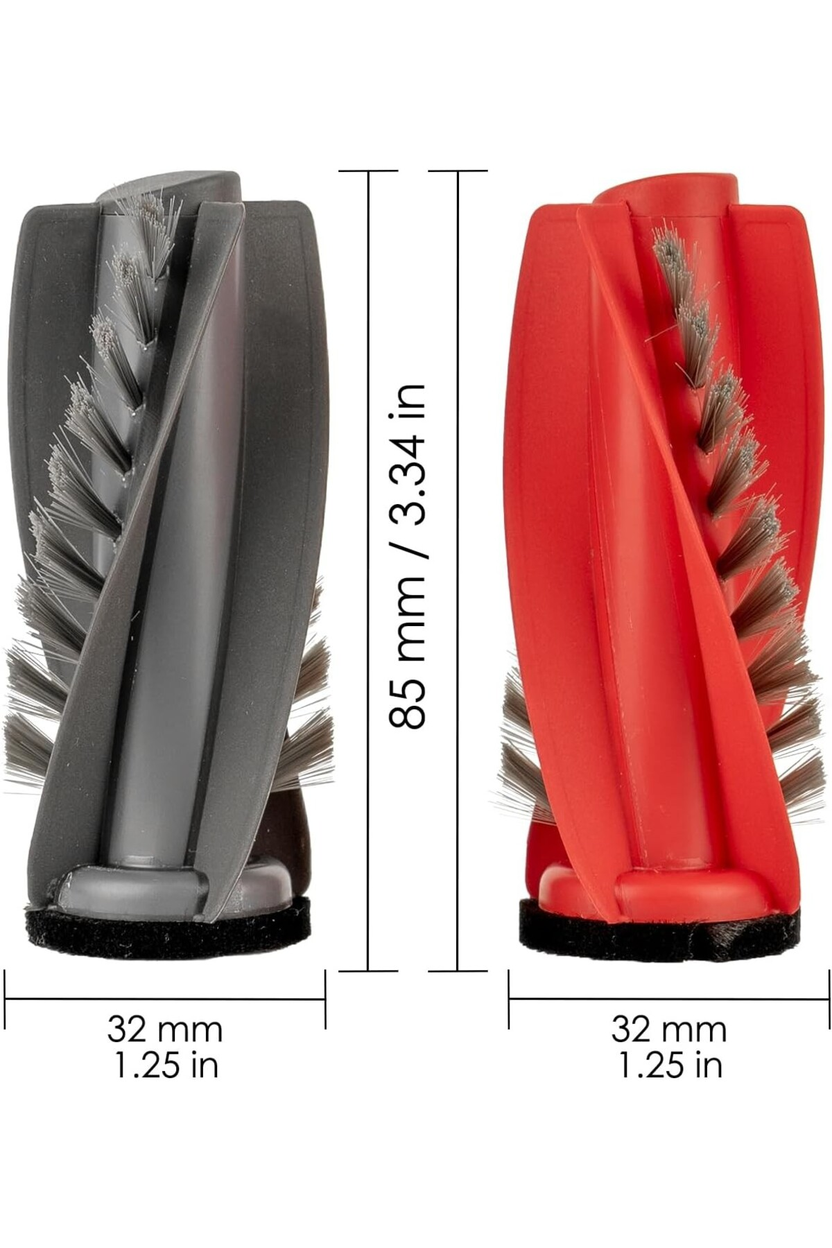 Gri ve kırmızı fırça başlıkları, her ikisi de 85mm yükseklik ve 32mm genişlikte.