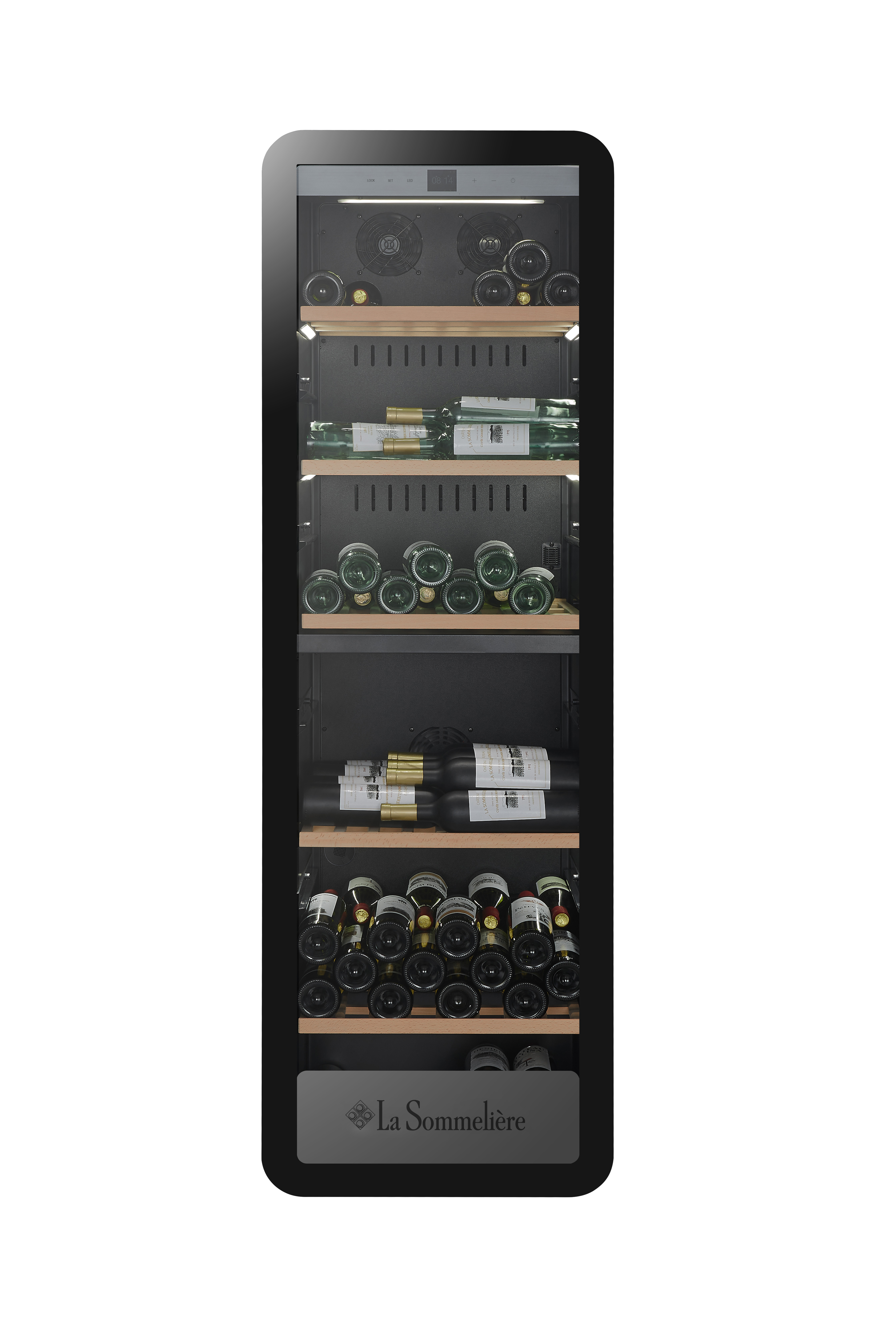 Ein schwarzer Weinkühlschrank mit mehreren Regalen, gefüllt mit Wein- und Champagnerflaschen.