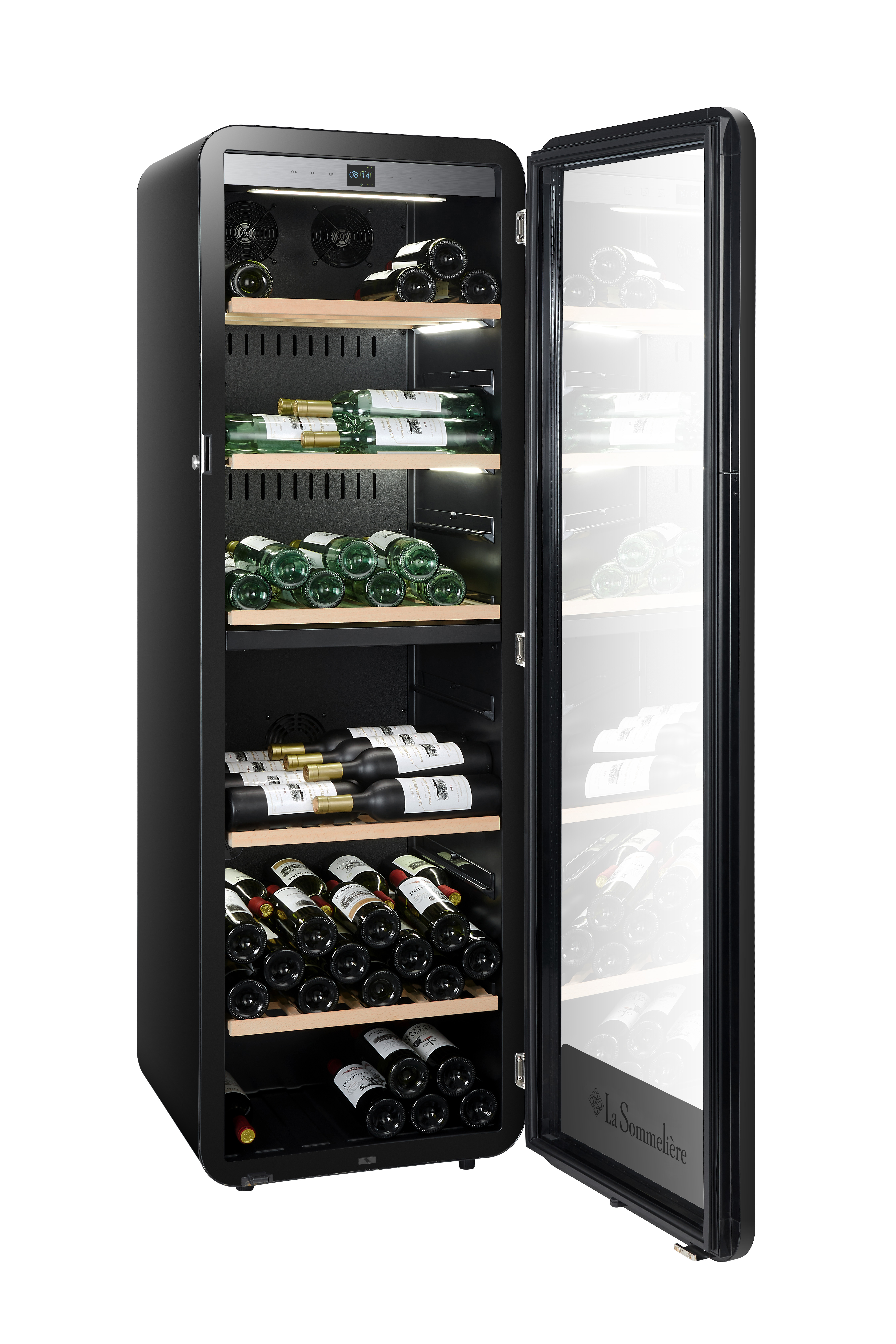 Schwarzer Weinkühlschrank mit Glastür, gefüllt mit Flaschen.