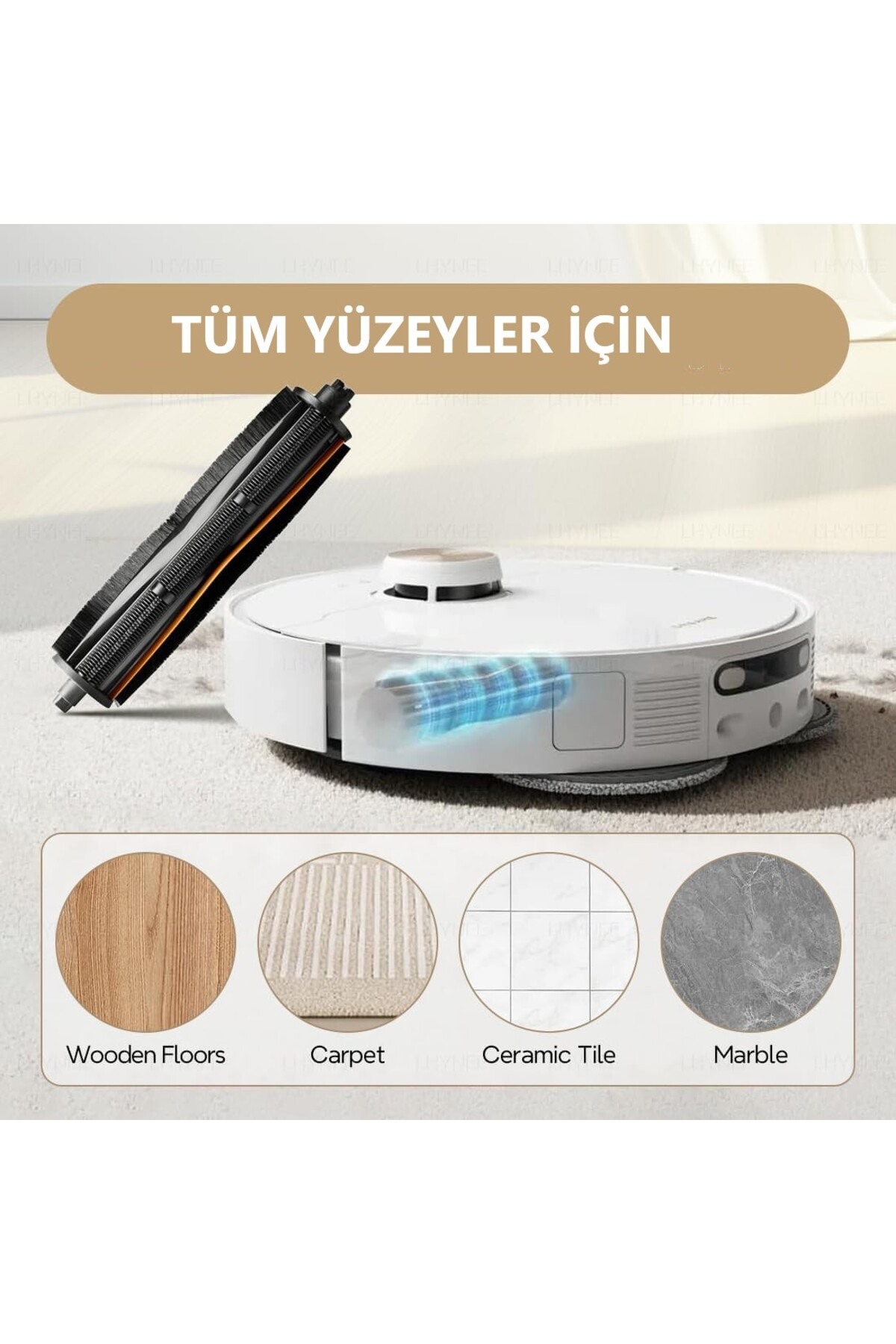Beyaz robot süpürge, fırça ve dört zemin örneği: ahşap, halı, fayans, mermer.