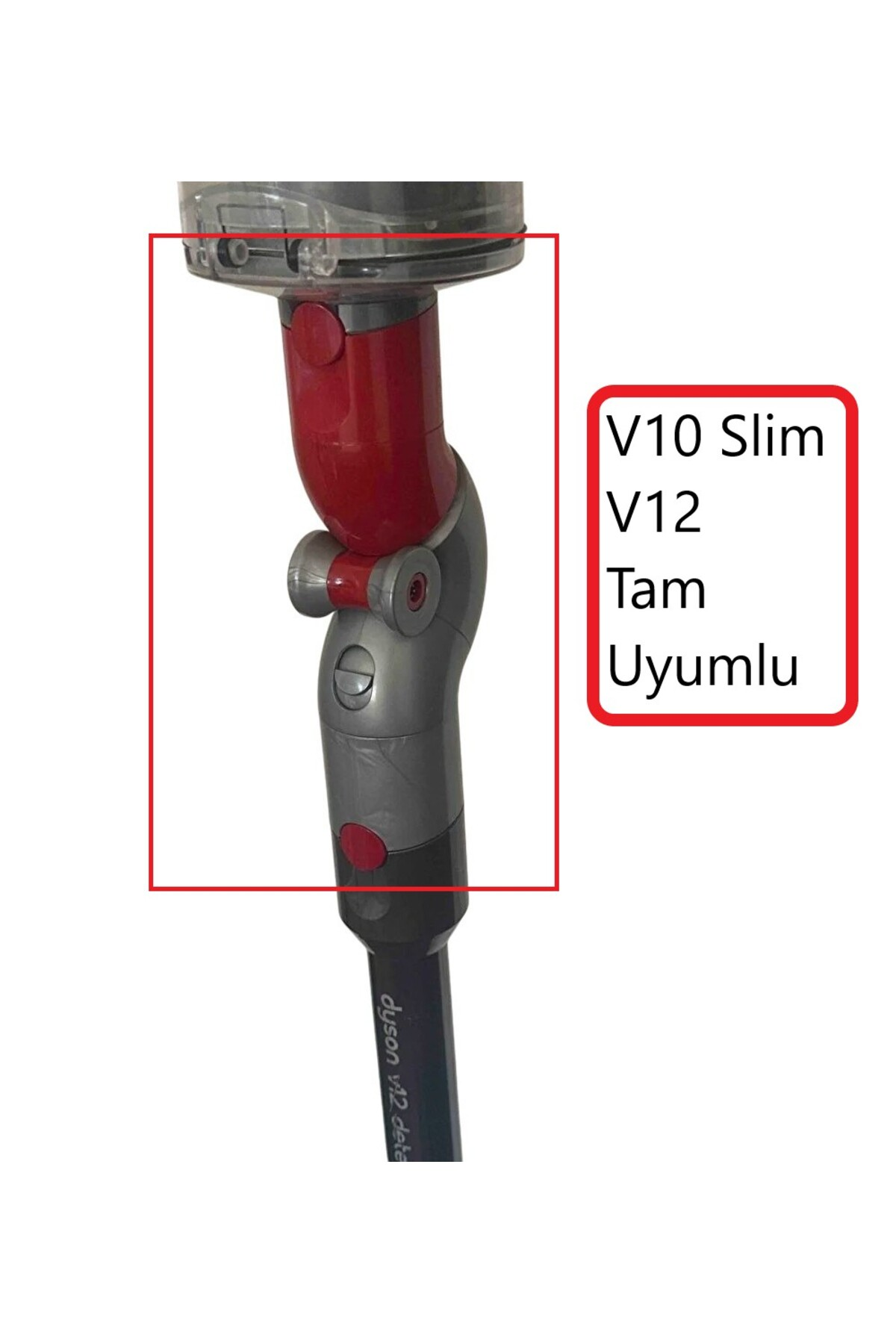 Kırmızı ve gri elektrikli süpürge borusunun kırmızı düğmeli parçası.