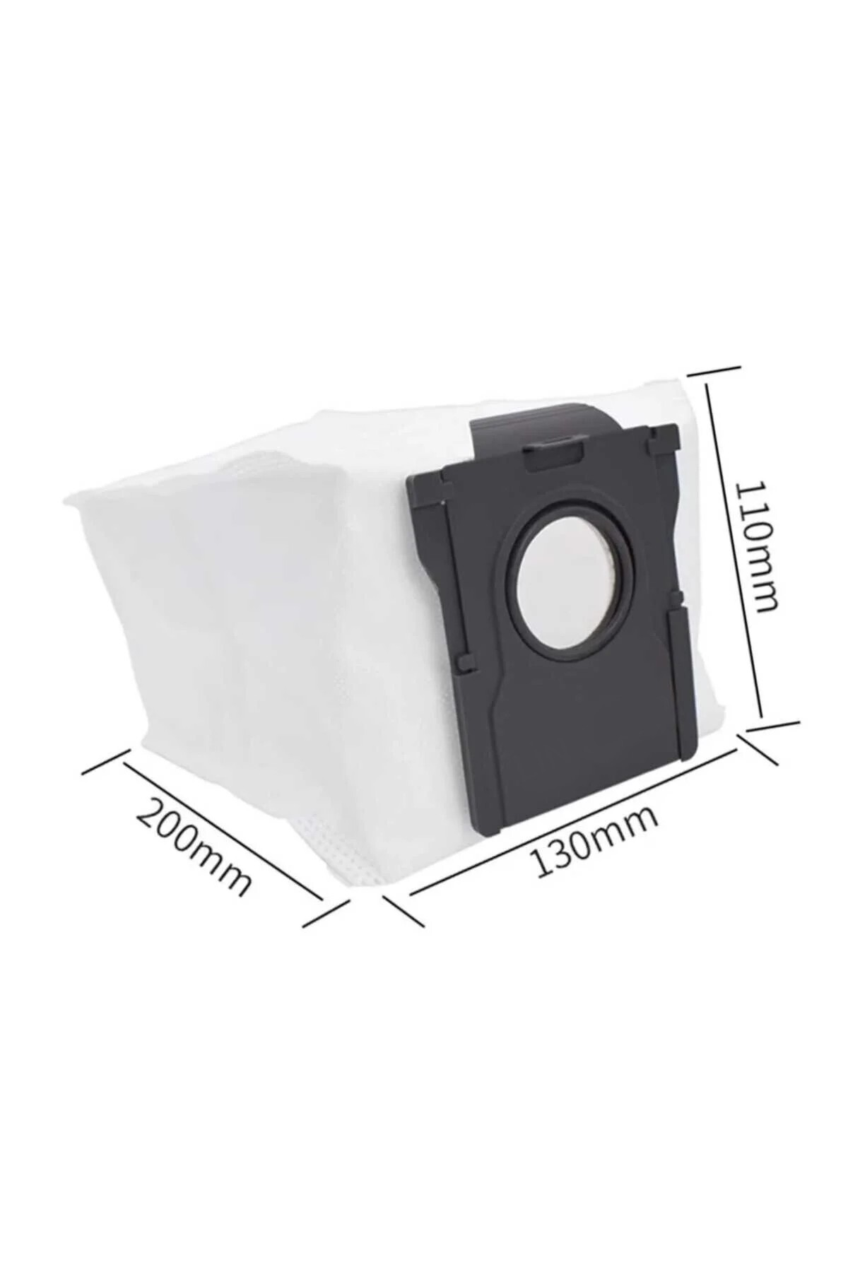 Siyah konektörlü beyaz elektrikli süpürge torbası, ölçüleri 200x130x110mm.
