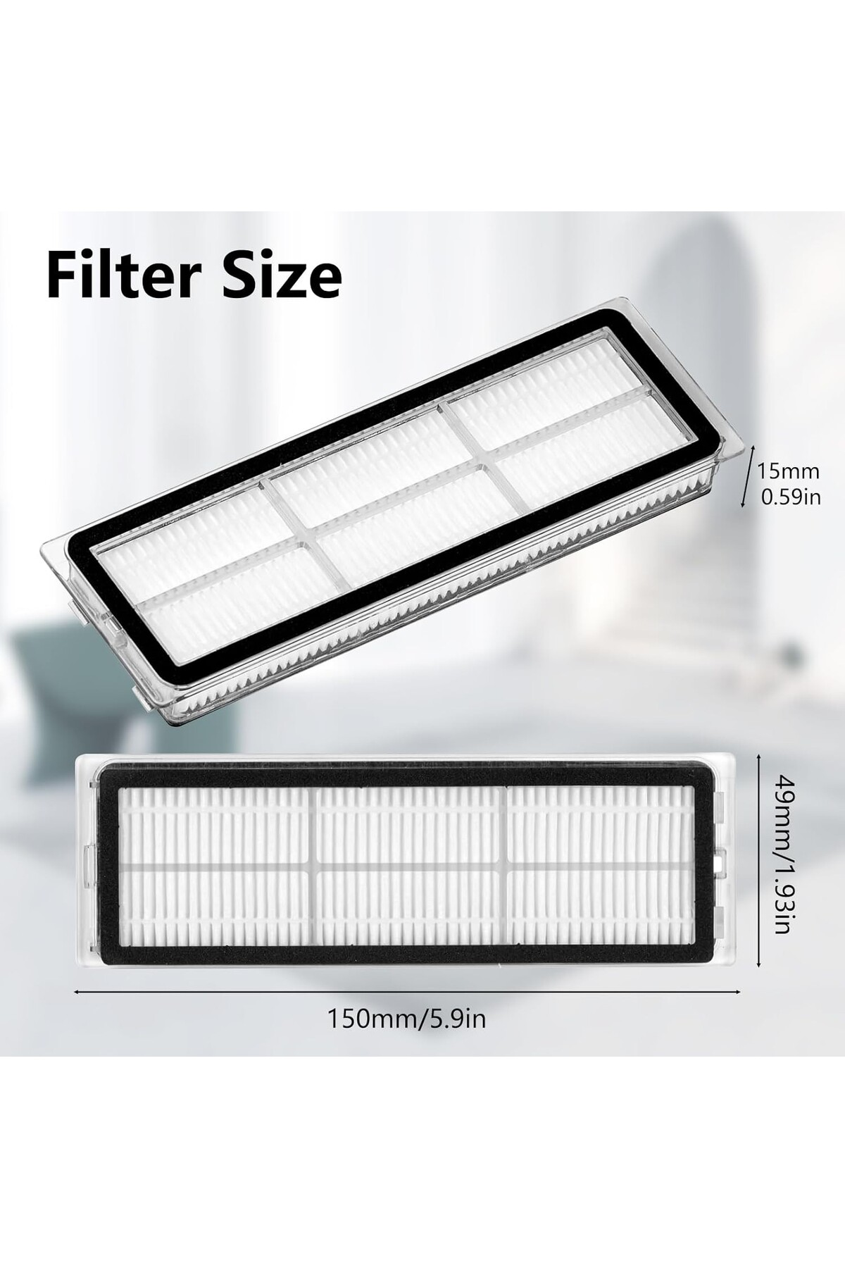 Filtre boyutları: 150mm x 49mm x 15mm. Siyah çerçeveli beyaz filtre.