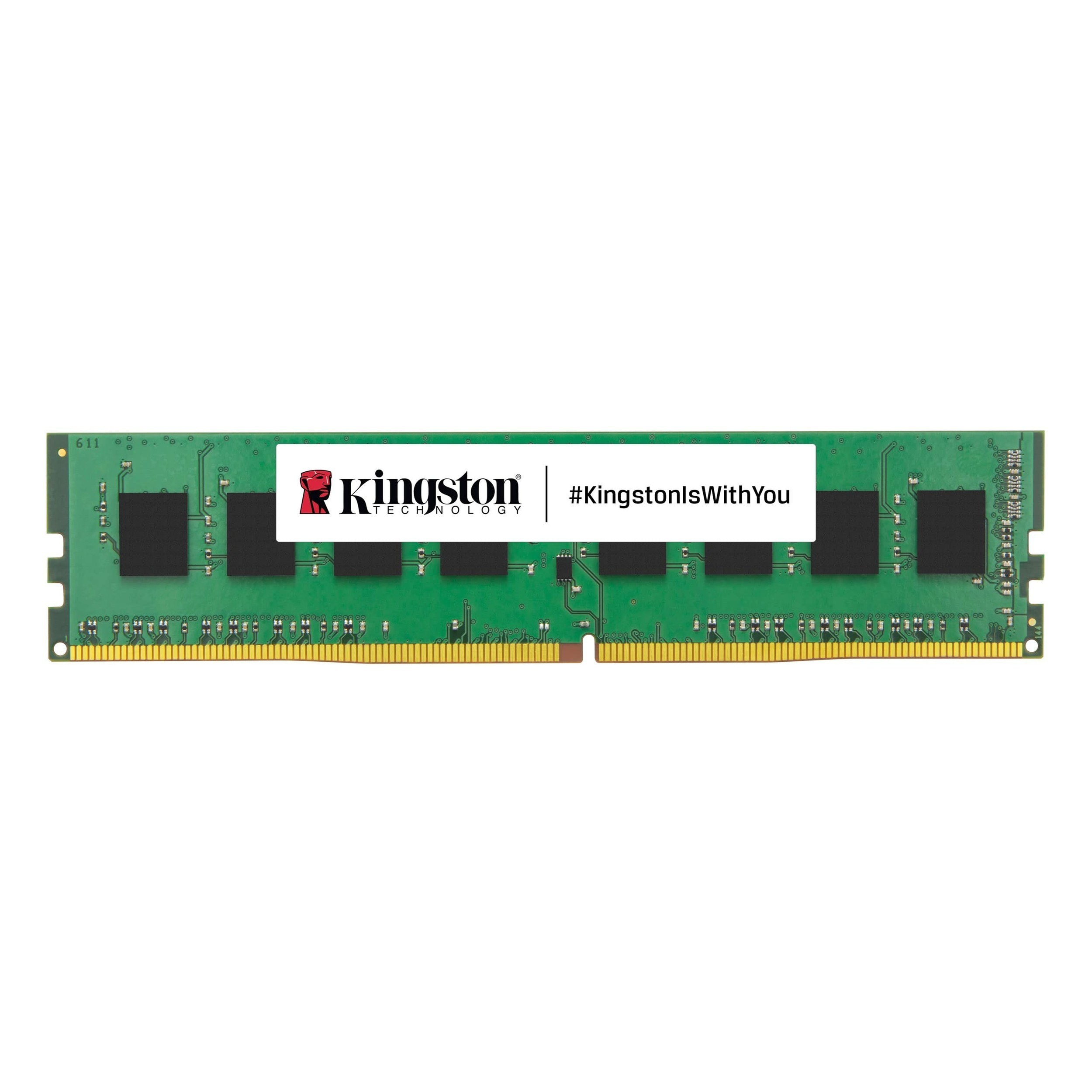 Kingston logosu ve özellikleri olan yeşil RAM modülü.