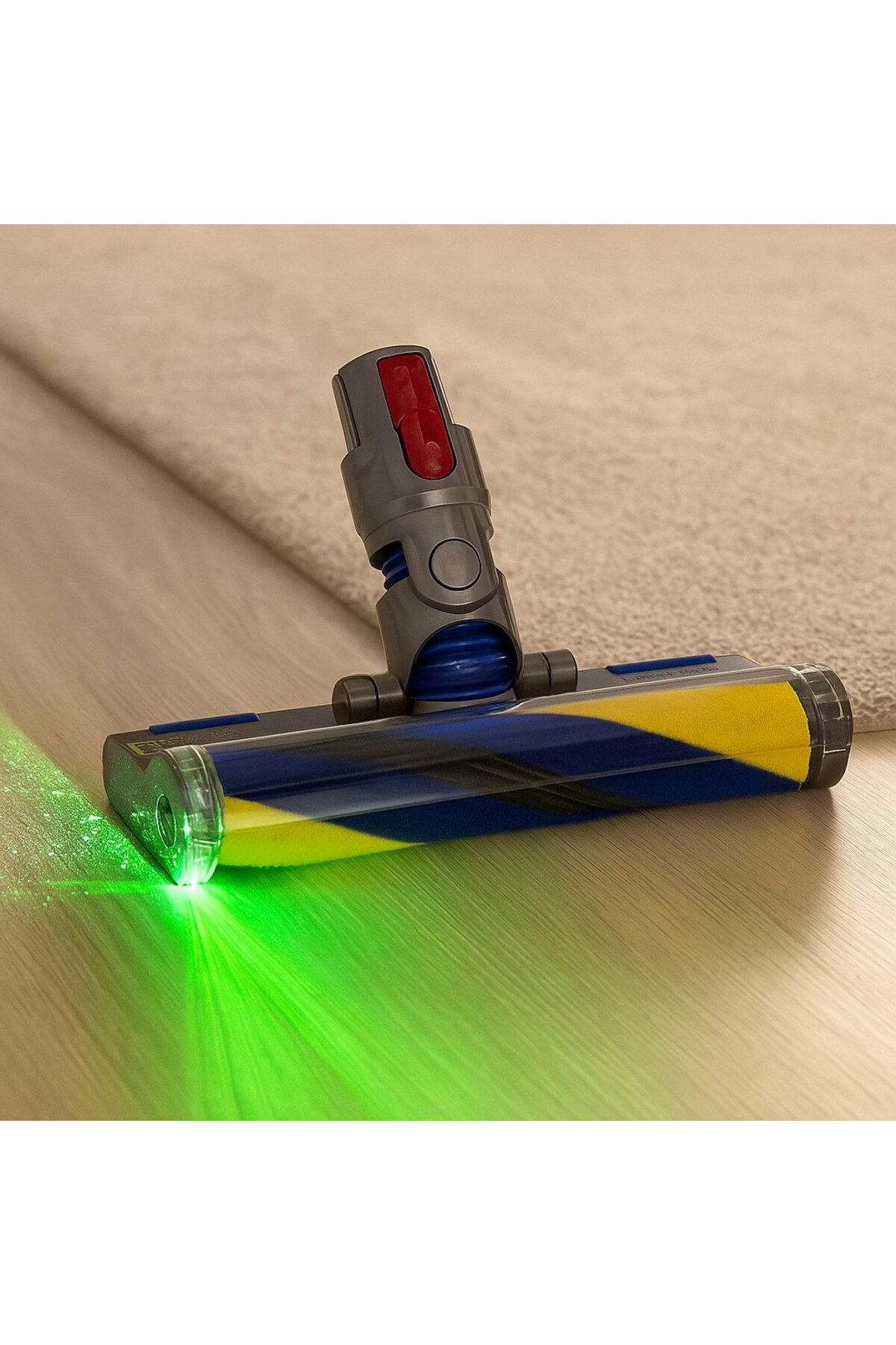 Dyson elektrikli süpürge başlığı, ahşap zemin ve halı üzerinde yeşil LED'li.